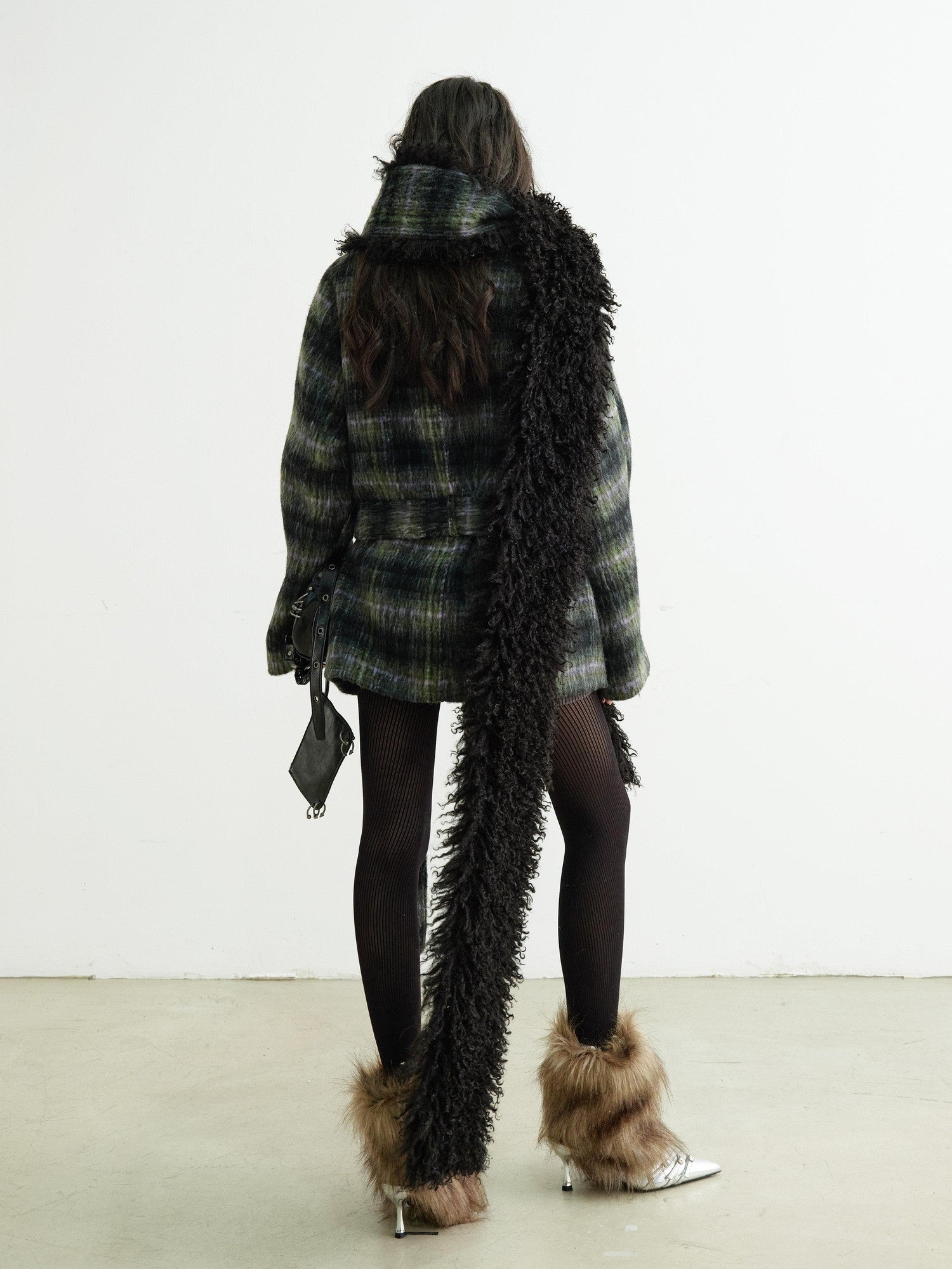 Jnylon studios Dark Retro Fuzzy Scarf Style Plaid Women's Wool Blend Belted Coats
