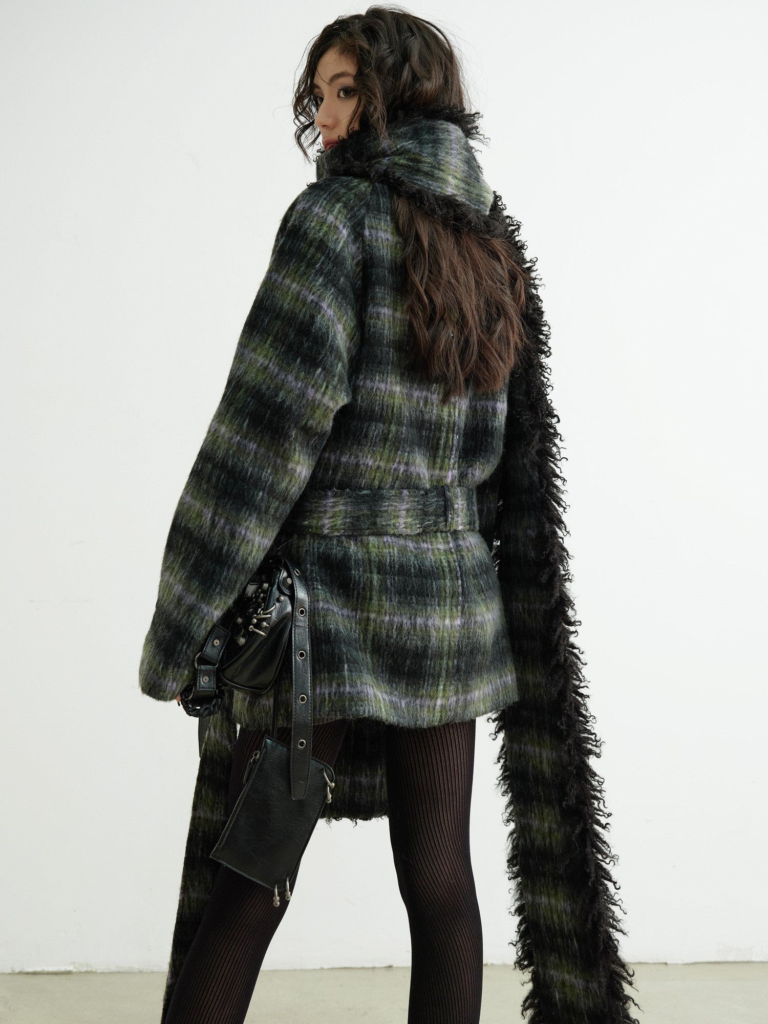 Jnylon studios Dark Retro Fuzzy Scarf Style Plaid Women's Wool Blend Belted Coats
