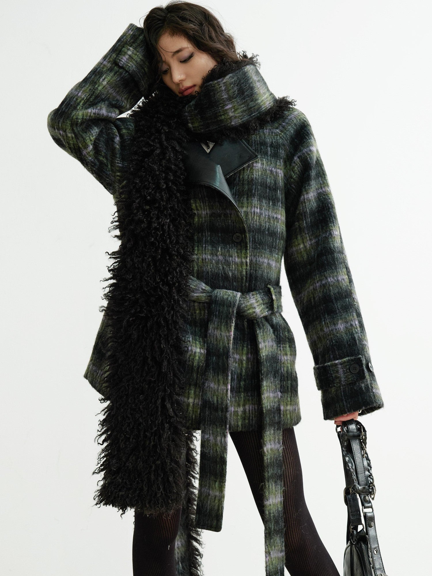 Jnylon studios Dark Retro Fuzzy Scarf Style Plaid Women's Wool Blend Belted Coats
