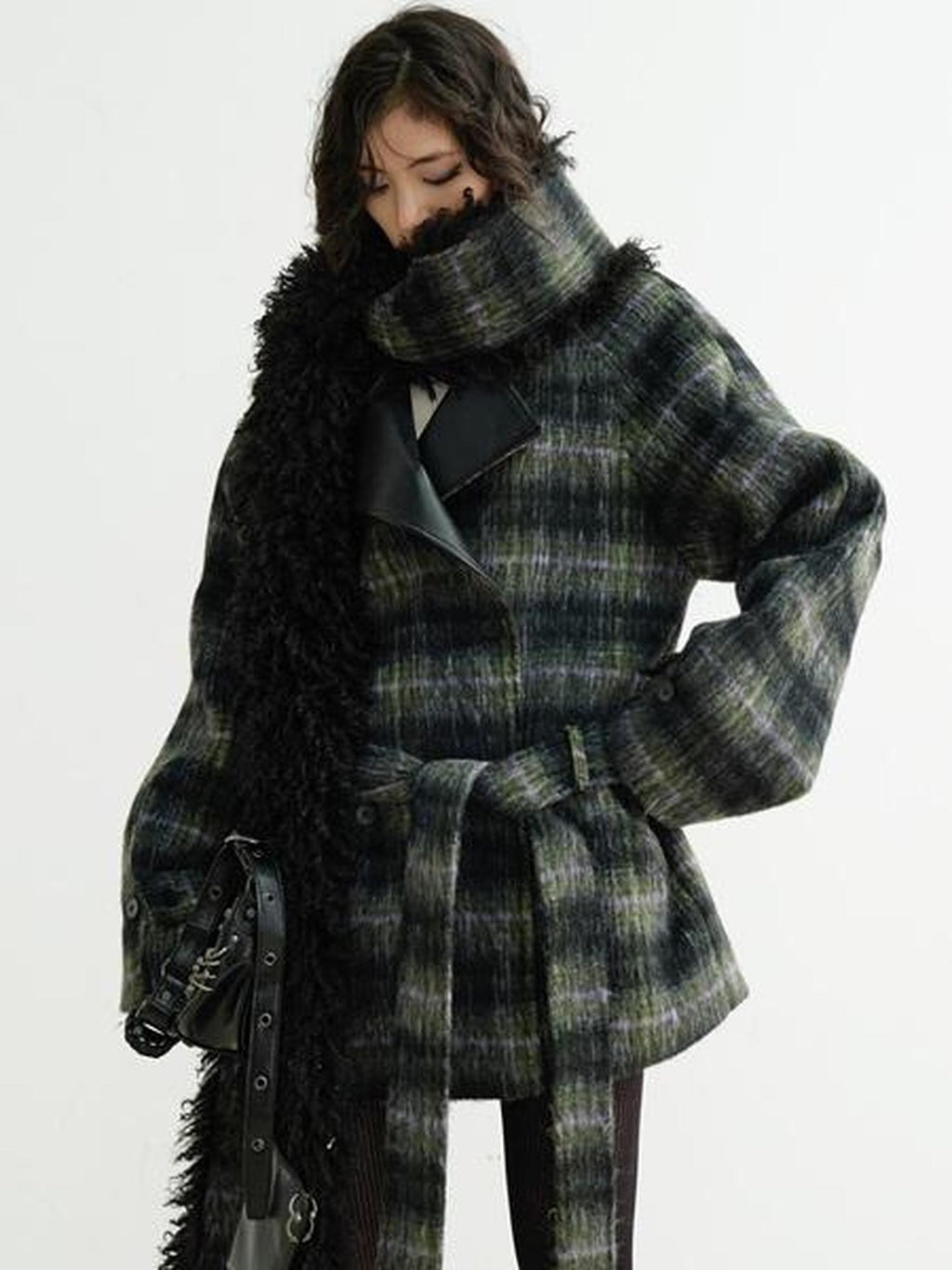 Jnylon studios Dark Retro Fuzzy Scarf Style Plaid Women's Wool Blend Belted Coats