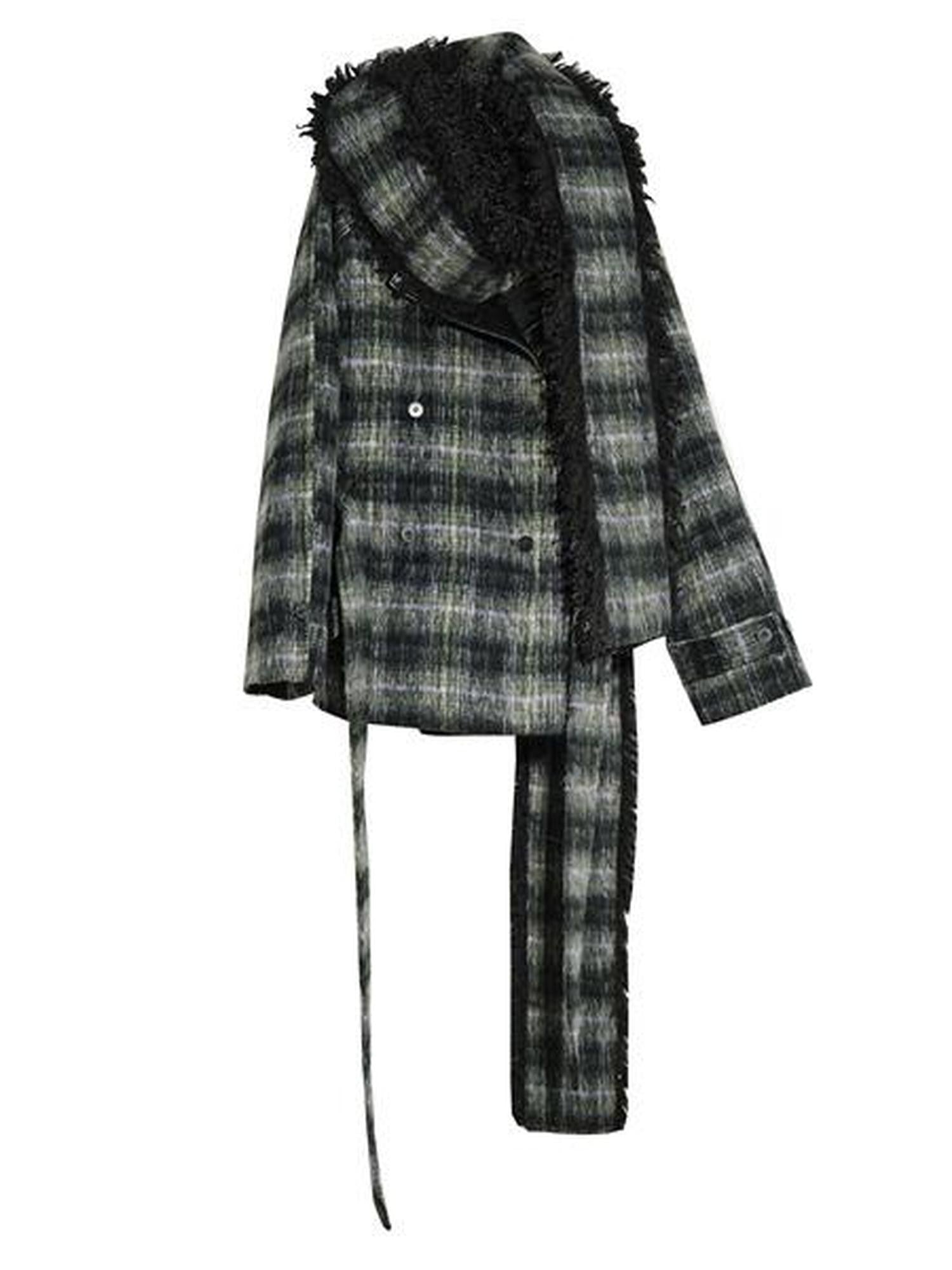 Jnylon studios Dark Retro Fuzzy Scarf Style Plaid Women's Wool Blend Belted Coats