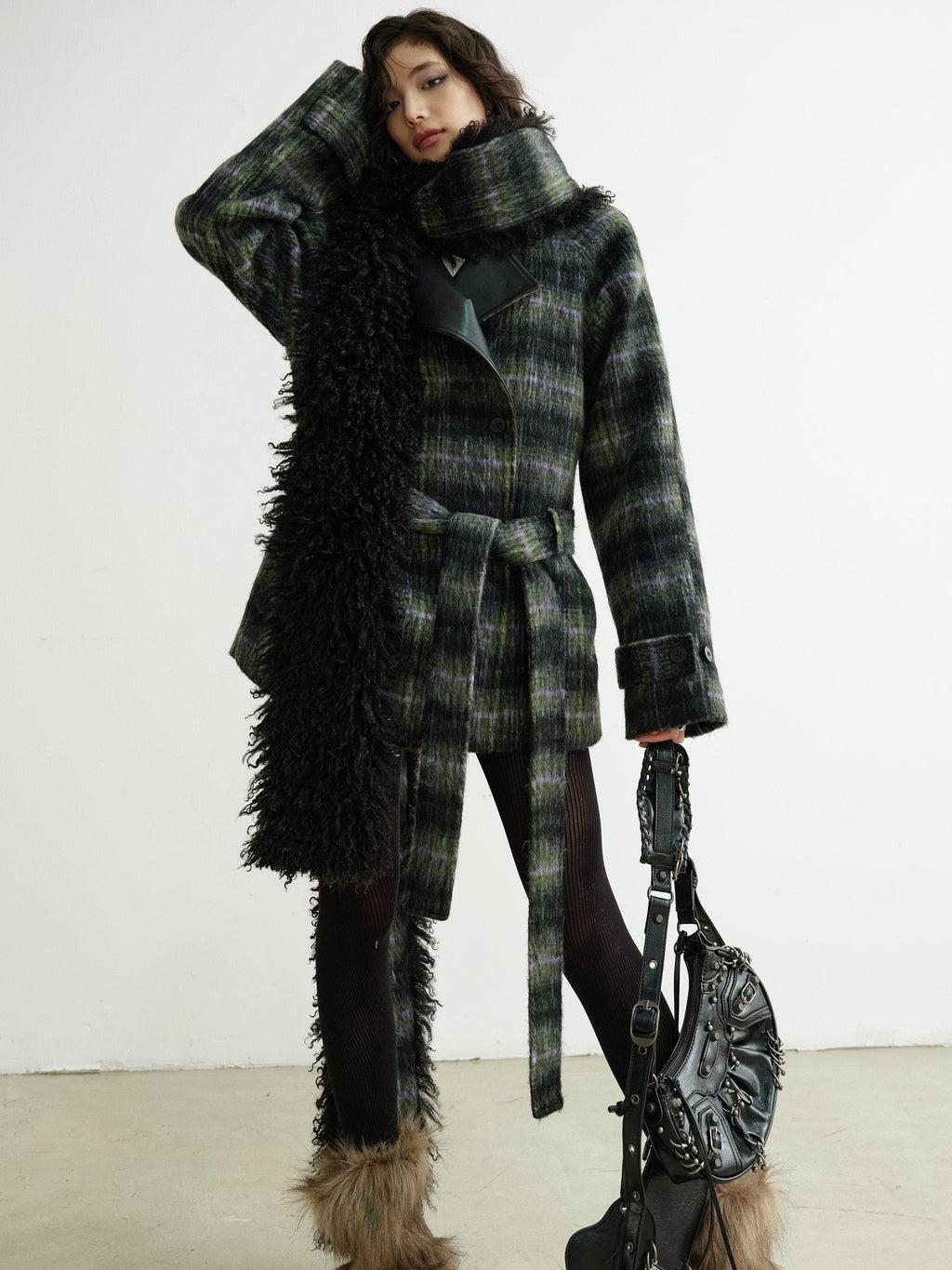 Jnylon studios Dark Retro Fuzzy Scarf Style Plaid Women's Wool Blend Belted Coats