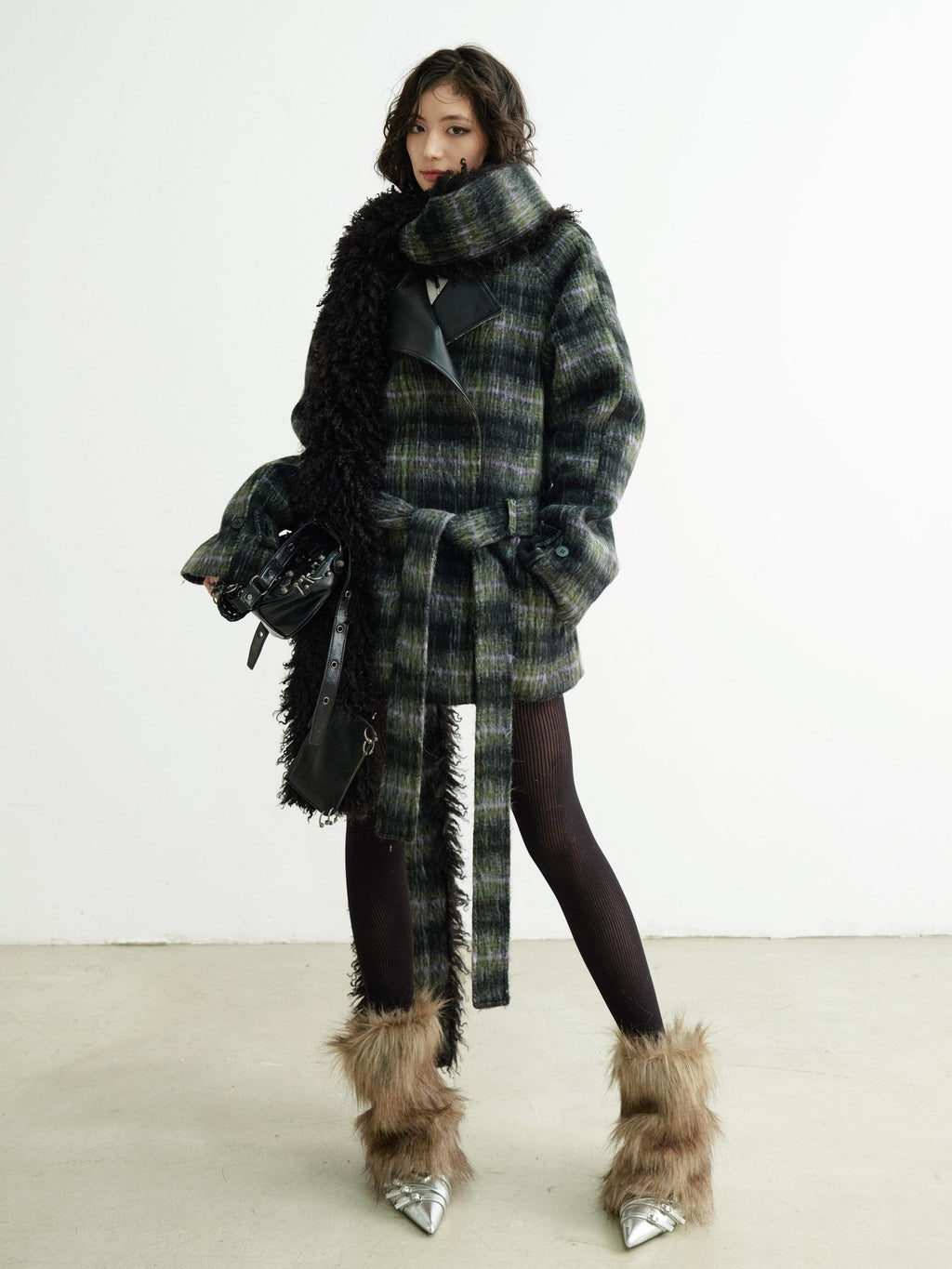 Jnylon studios Dark Retro Fuzzy Scarf Style Plaid Women's Wool Blend Belted Coats