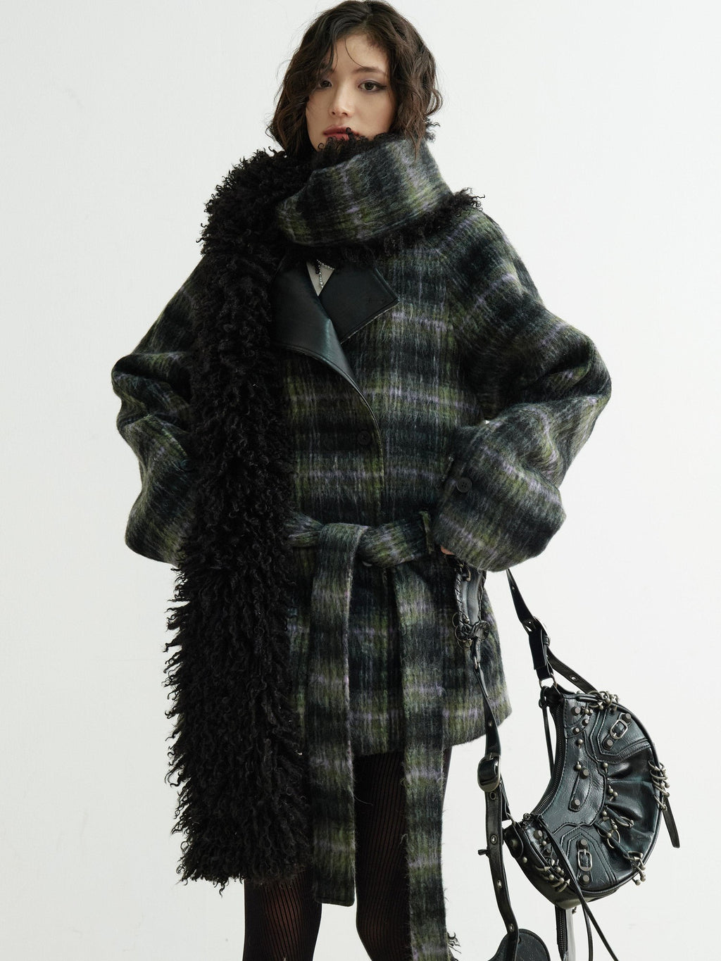 Jnylon studios Dark Retro Fuzzy Scarf Style Plaid Women's Wool Blend Belted Coats