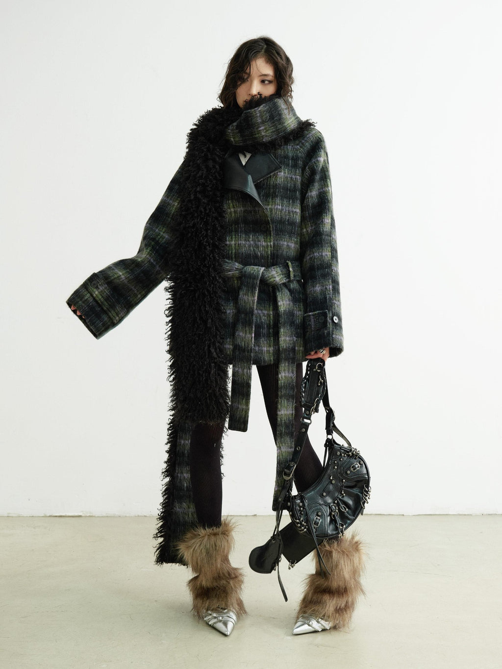Jnylon studios Dark Retro Fuzzy Scarf Style Plaid Women's Wool Blend Belted Coats