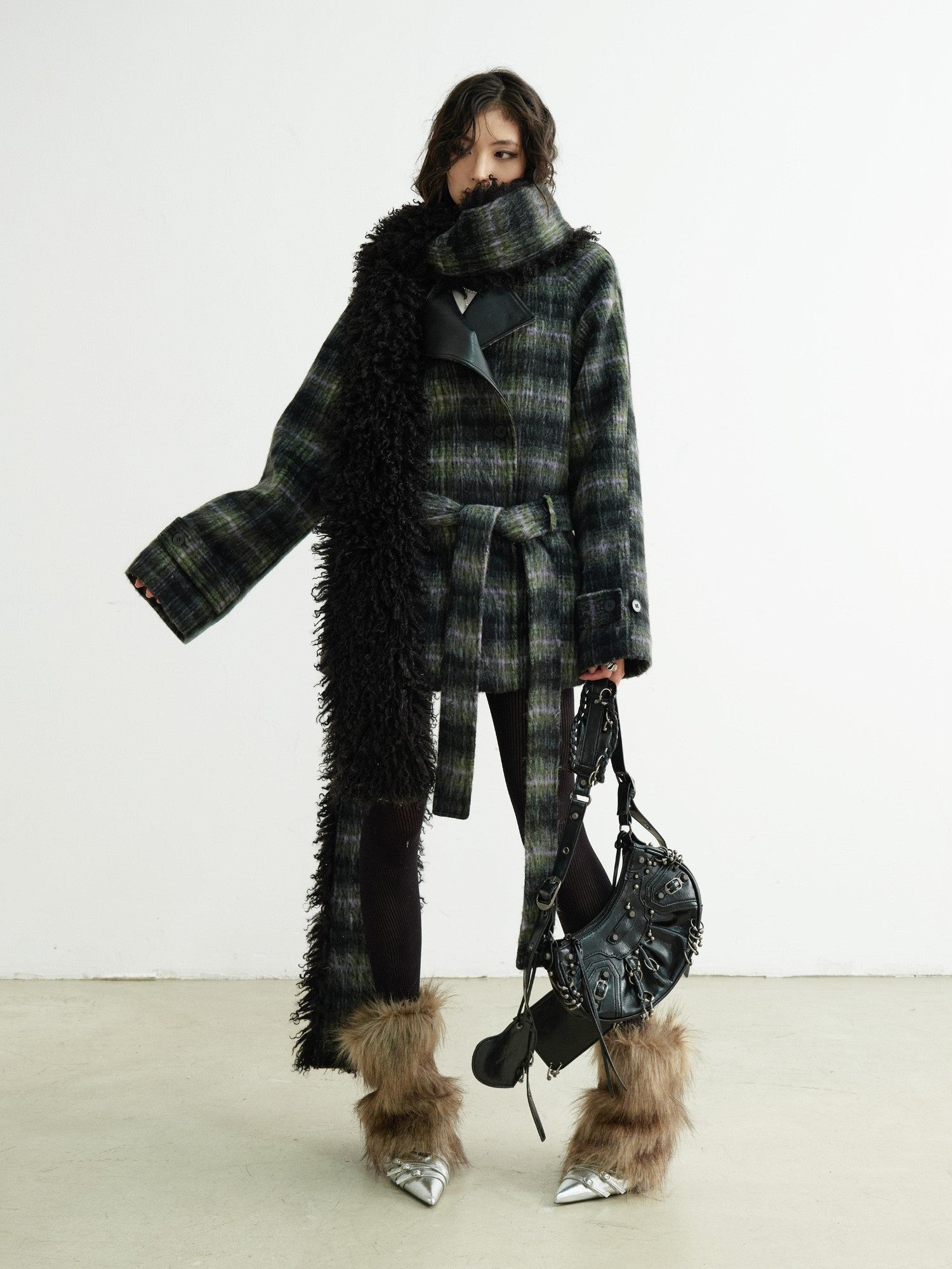 Jnylon studios Dark Retro Fuzzy Scarf Style Plaid Women's Wool Blend Belted Coats