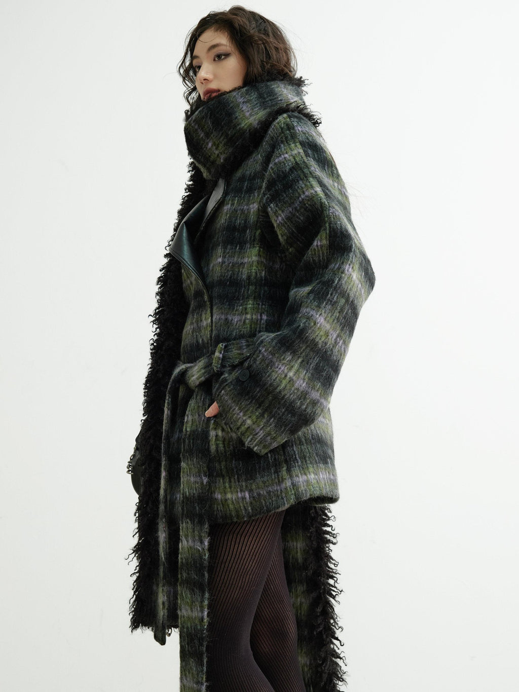 Jnylon studios Dark Retro Fuzzy Scarf Style Plaid Women's Wool Blend Belted Coats