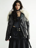 Jnylon studios Dark Retro Rock Distressed Faux Shearling Collar Women's Pu Leather Jackets