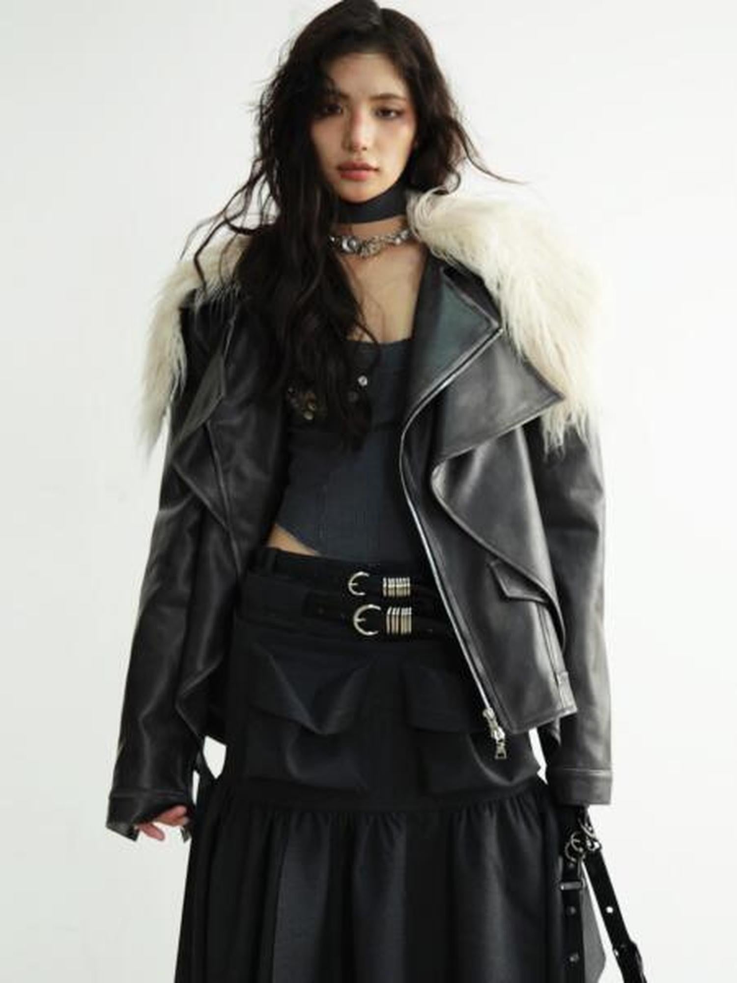 Jnylon studios Dark Retro Rock Distressed Faux Shearling Collar Women's Pu Leather Jackets