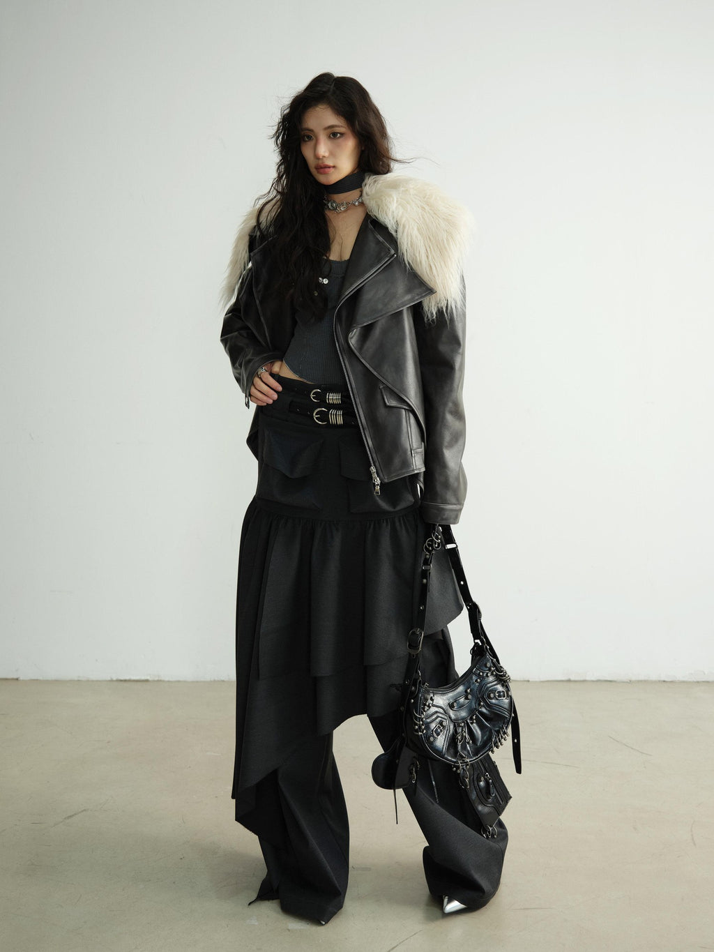 Jnylon studios Dark Retro Rock Distressed Faux Shearling Collar Women's Pu Leather Jackets