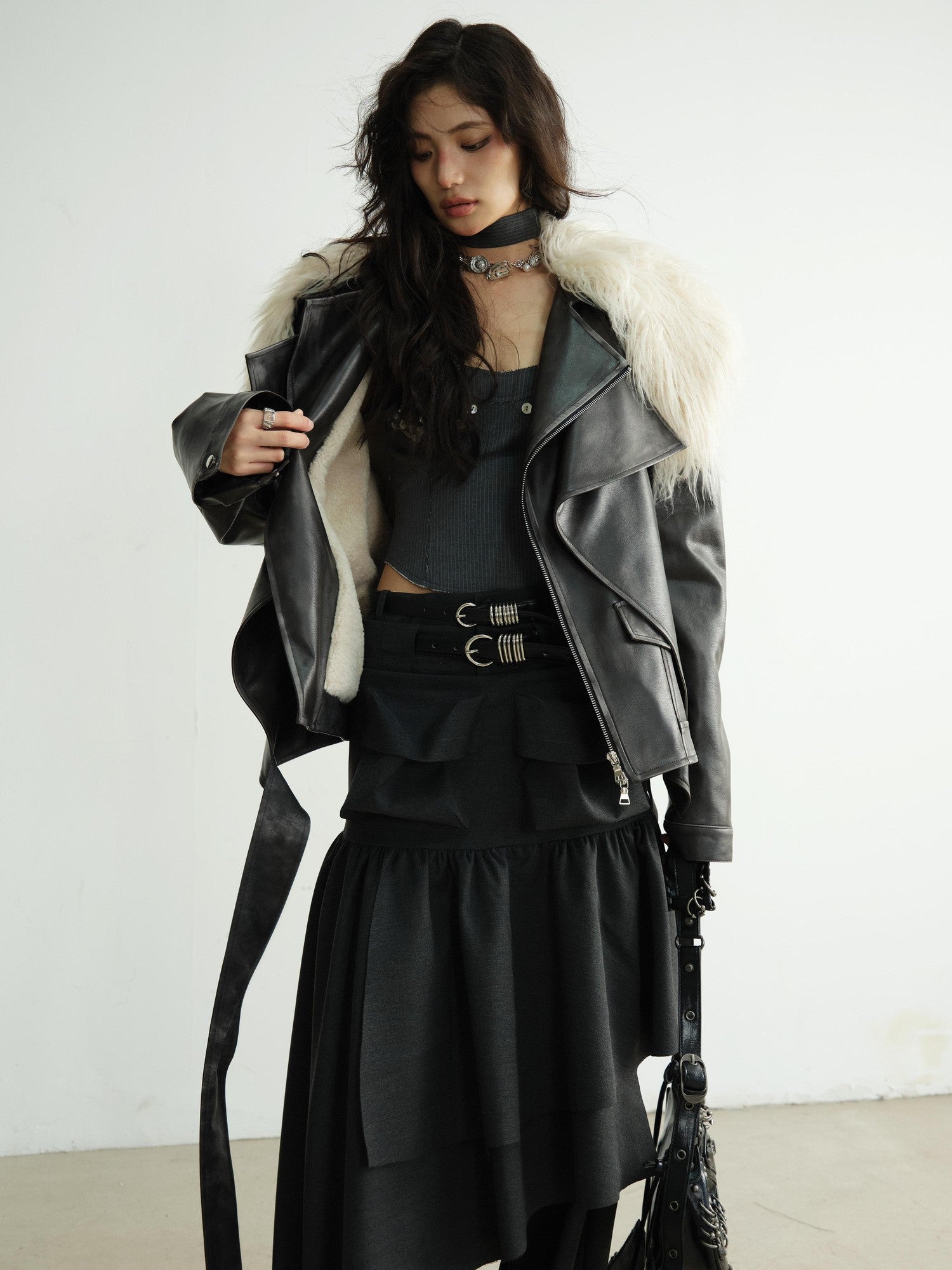 Jnylon studios Dark Retro Rock Distressed Faux Shearling Collar Women's Pu Leather Jackets