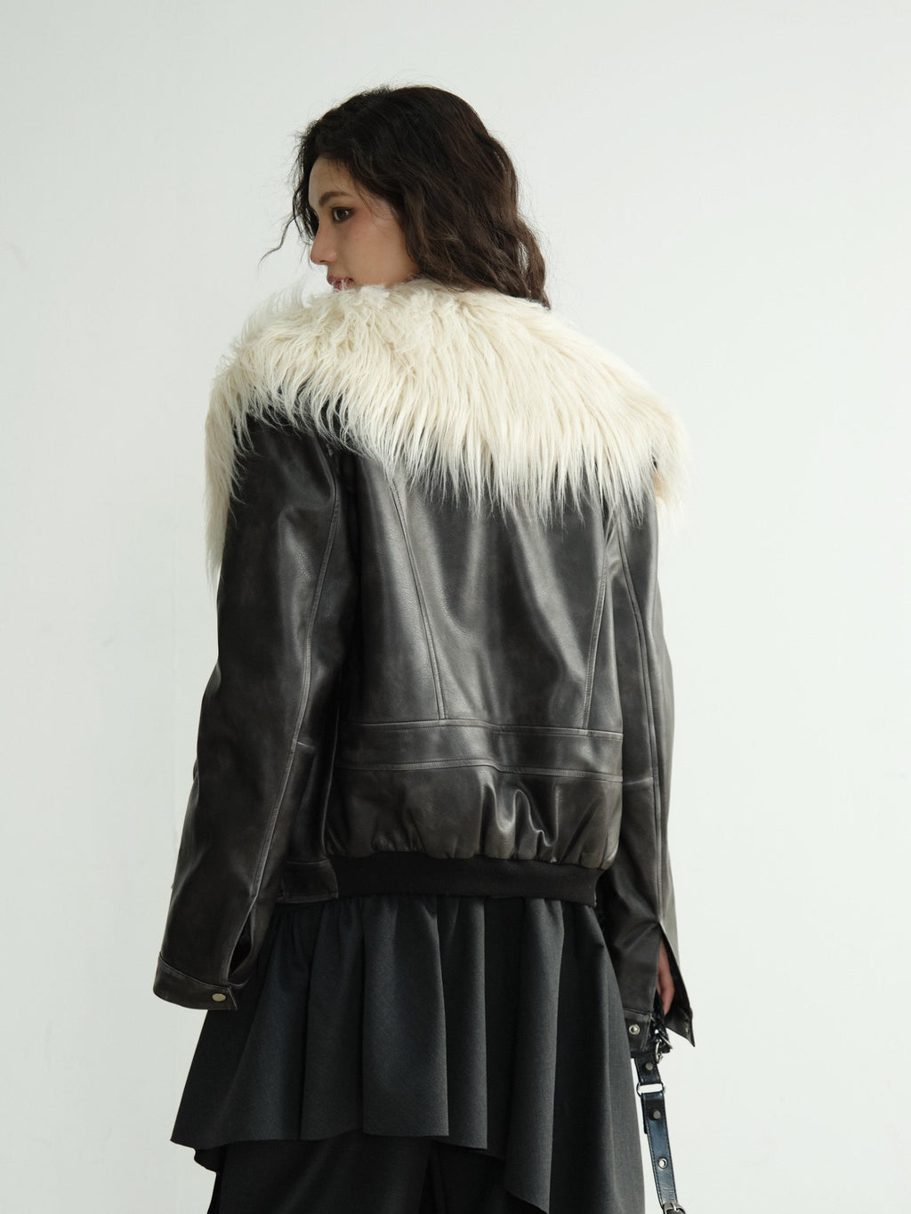 Jnylon studios Dark Retro Rock Distressed Faux Shearling Collar Women's Pu Leather Jackets