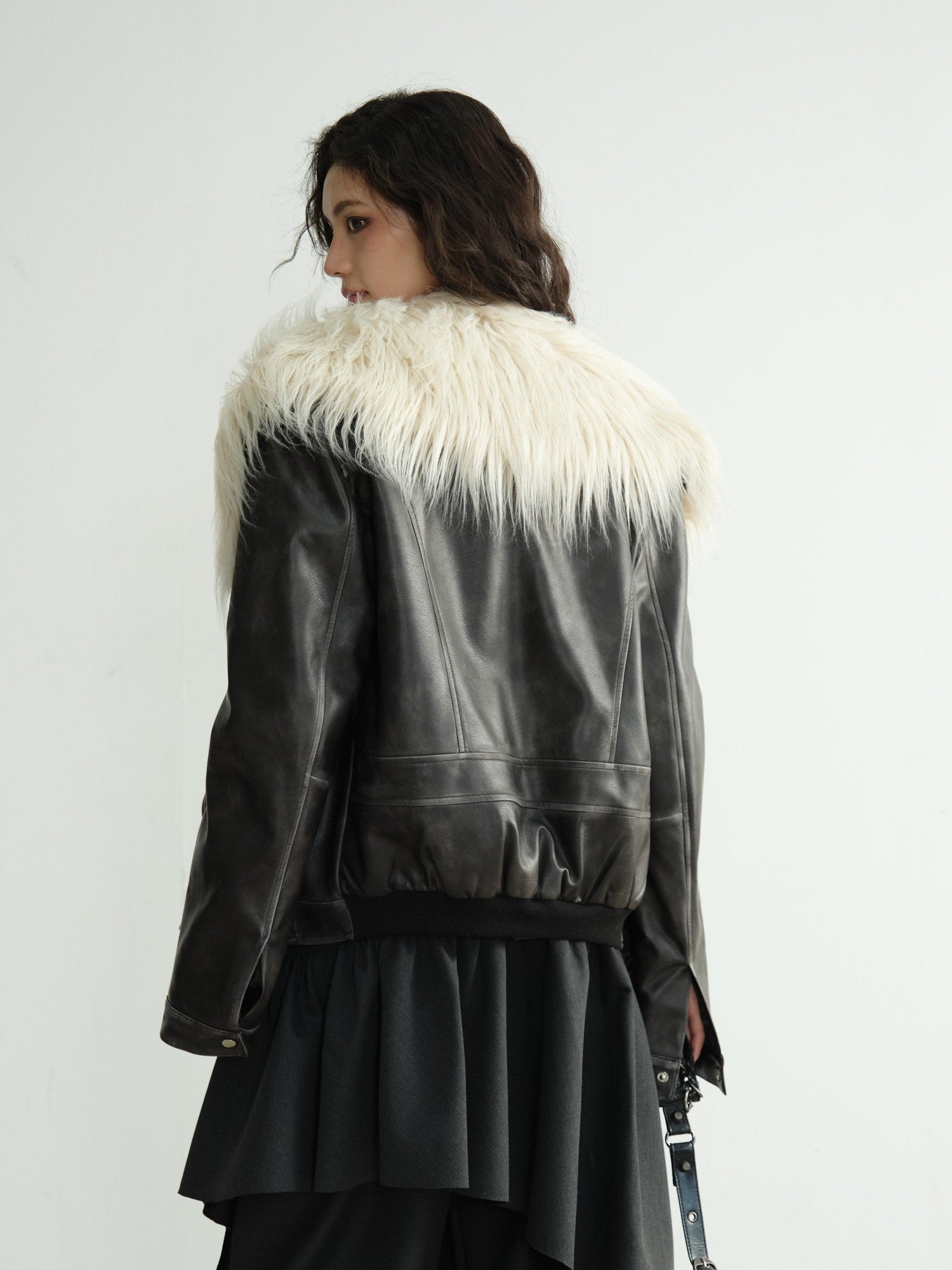 Jnylon studios Dark Retro Rock Distressed Faux Shearling Collar Women's Pu Leather Jackets