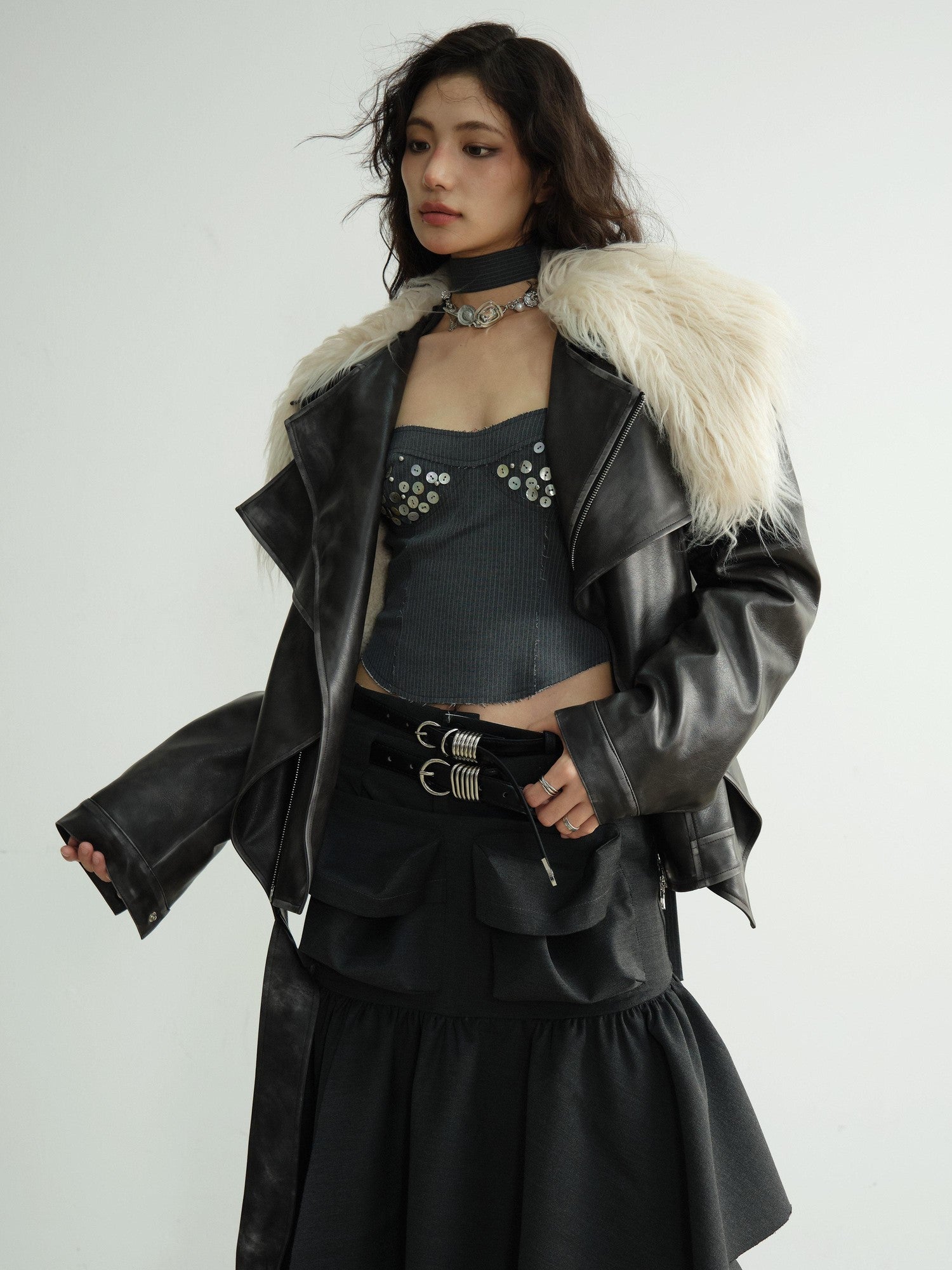 Jnylon studios Dark Retro Rock Distressed Faux Shearling Collar Women's Pu Leather Jackets