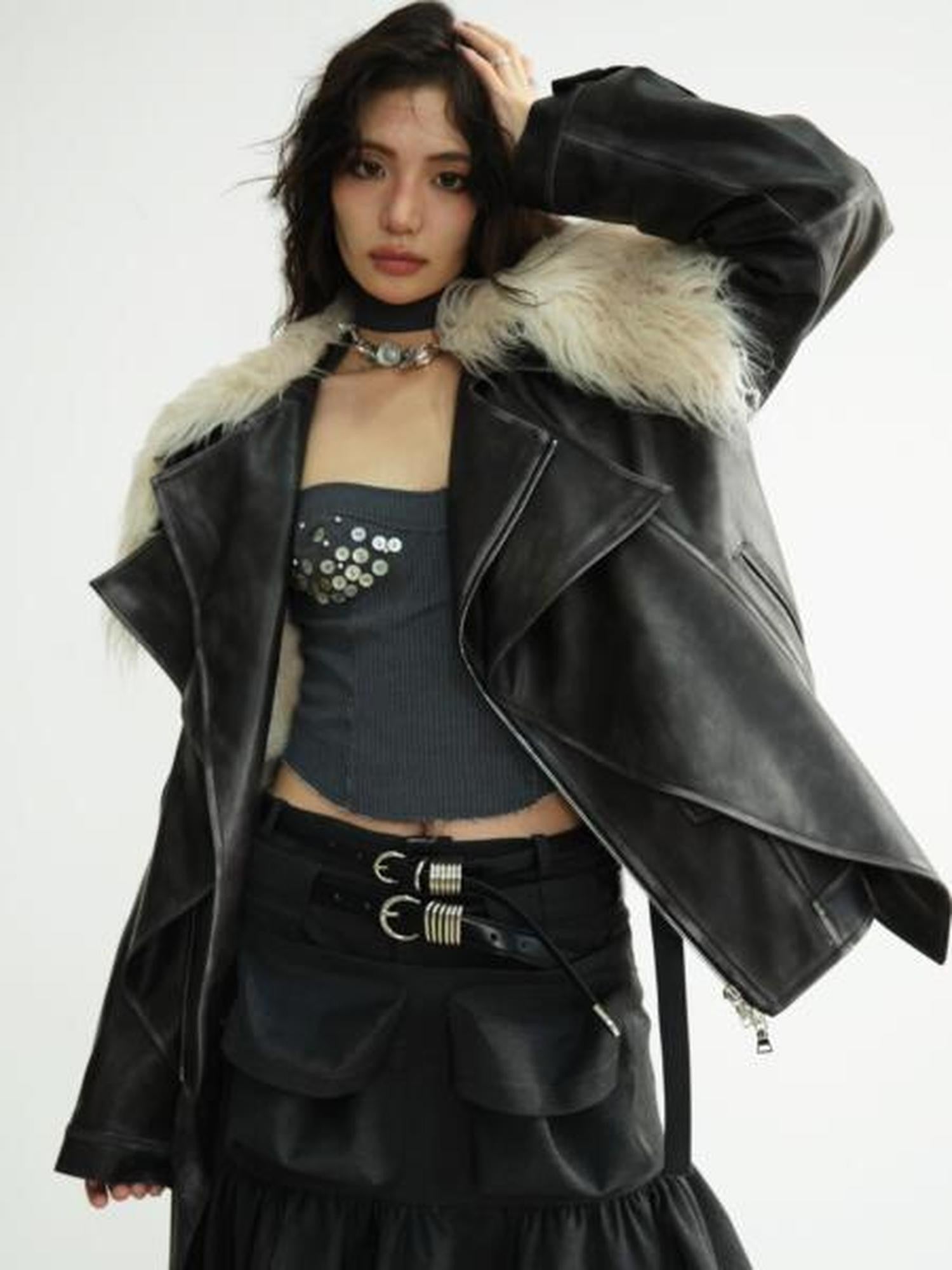 Jnylon studios Dark Retro Rock Distressed Faux Shearling Collar Women's Pu Leather Jackets