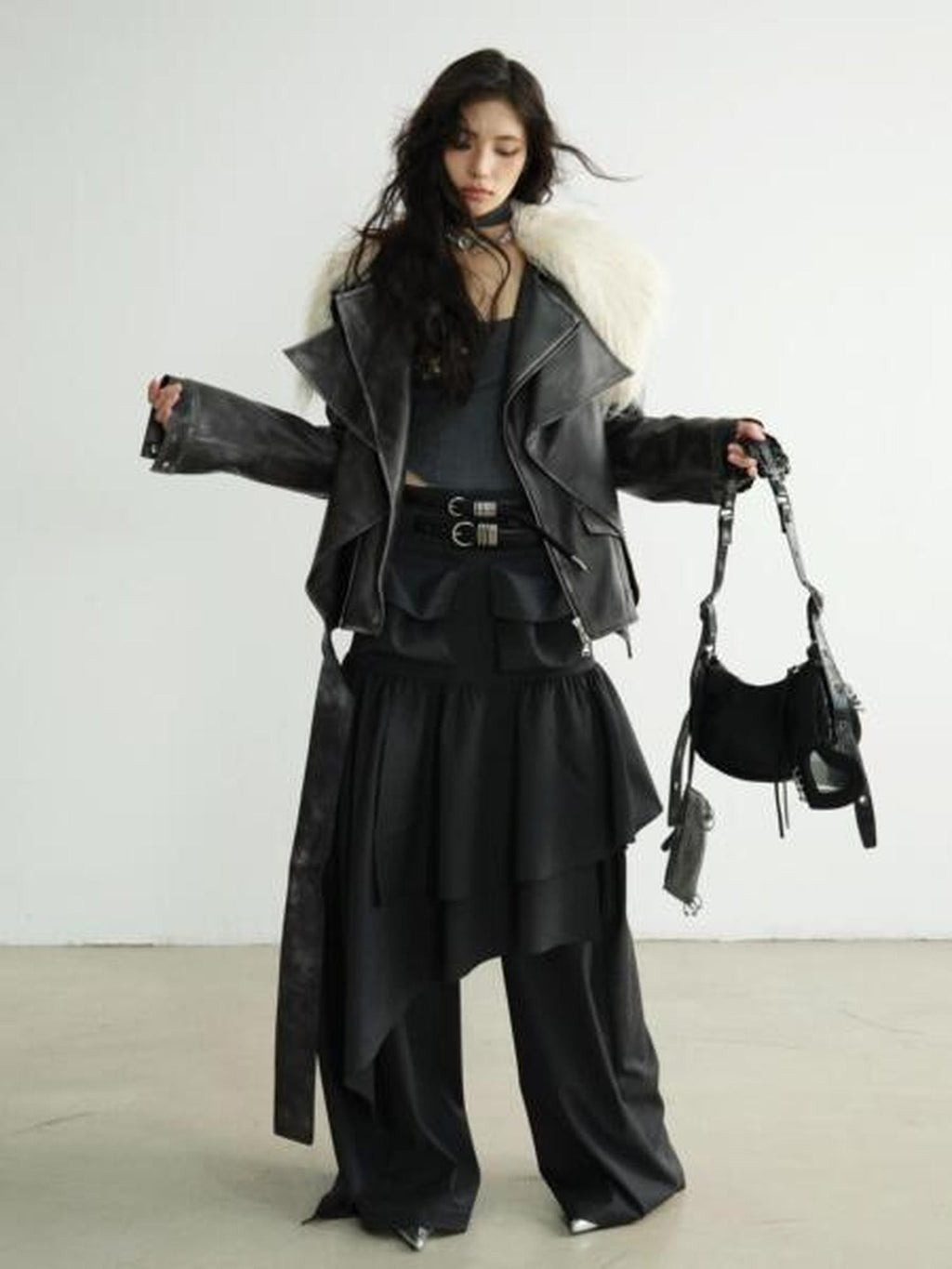 Jnylon studios Dark Retro Rock Distressed Faux Shearling Collar Women's Pu Leather Jackets