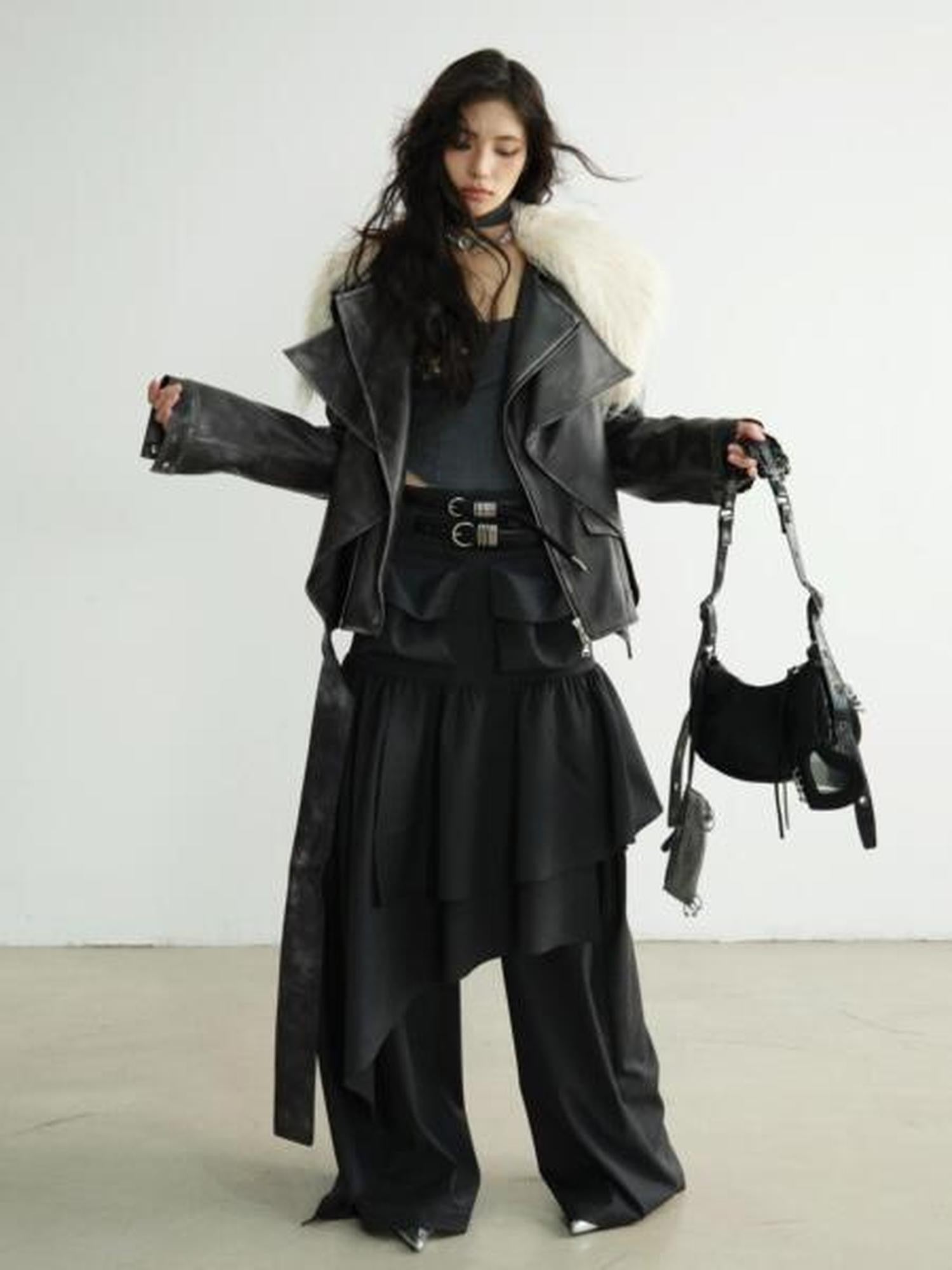 Jnylon studios Dark Retro Rock Distressed Faux Shearling Collar Women's Pu Leather Jackets