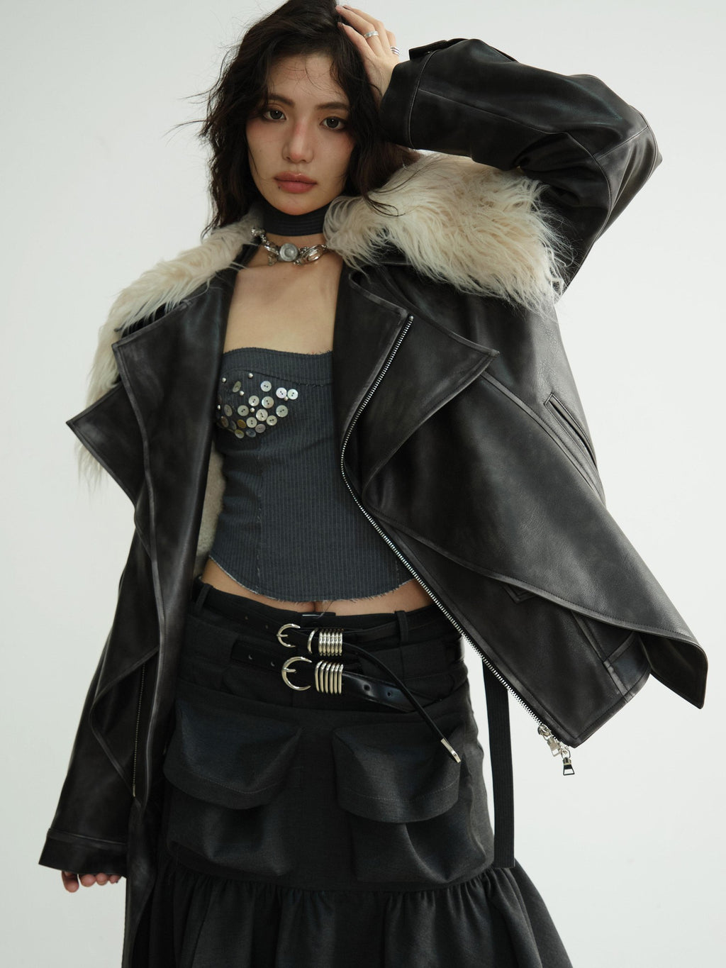 Jnylon studios Dark Retro Rock Distressed Faux Shearling Collar Women's Pu Leather Jackets