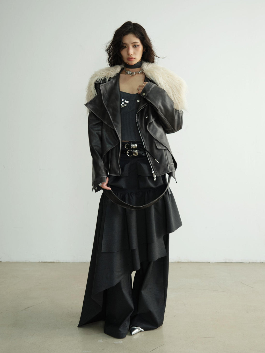 Jnylon studios Dark Retro Rock Distressed Faux Shearling Collar Women's Pu Leather Jackets