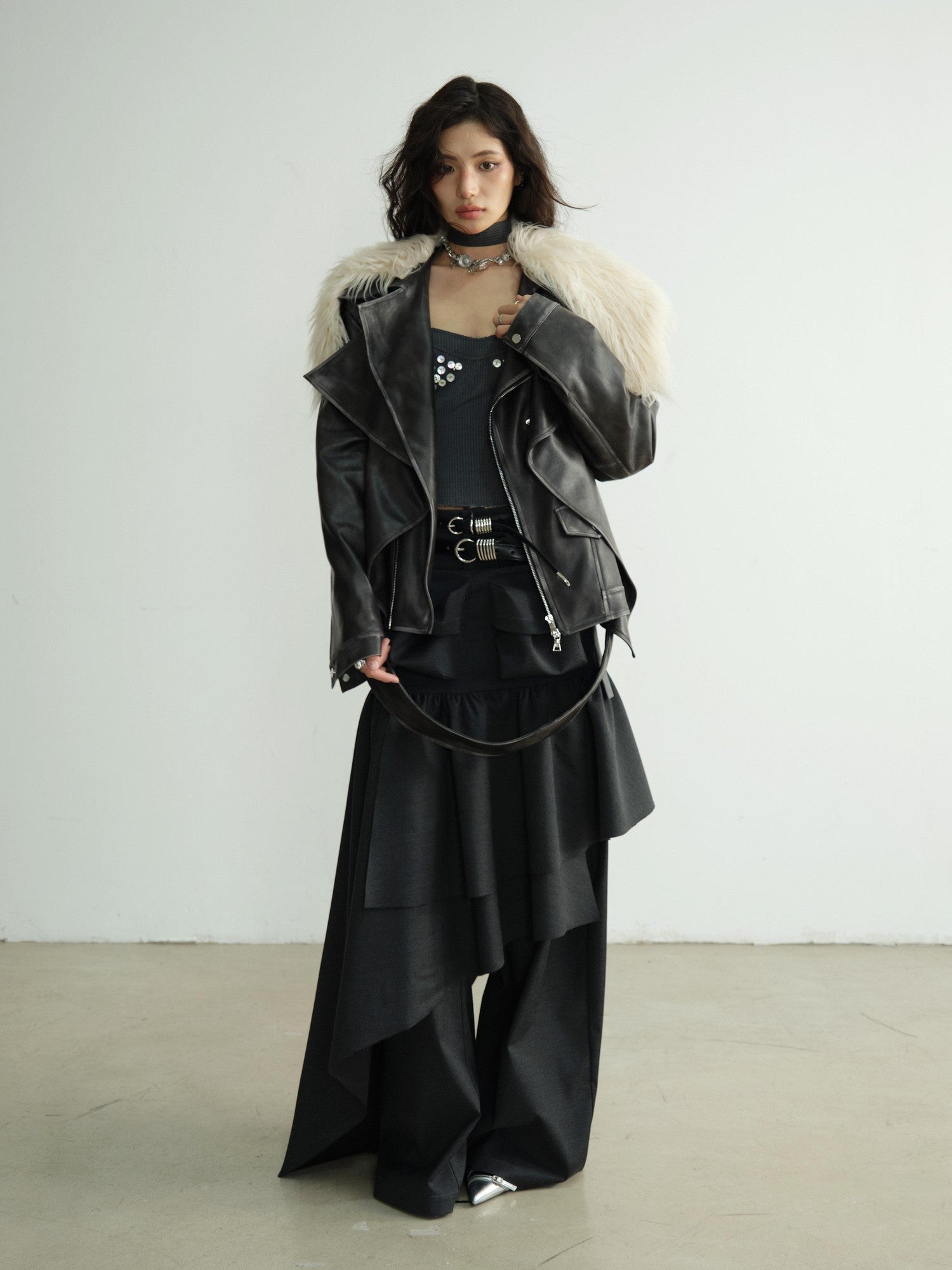 Jnylon studios Dark Retro Rock Distressed Faux Shearling Collar Women's Pu Leather Jackets
