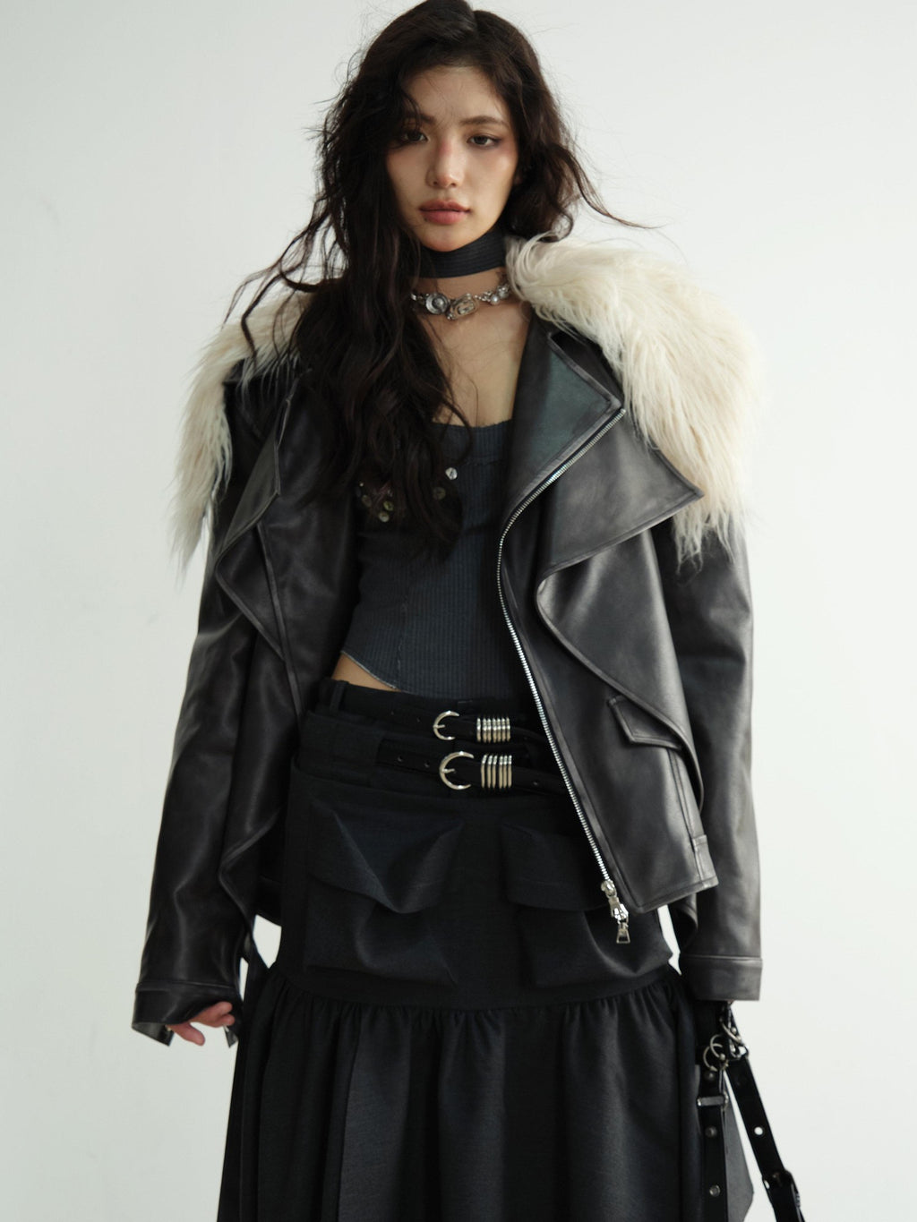 Jnylon studios Dark Retro Rock Distressed Faux Shearling Collar Women's Pu Leather Jackets