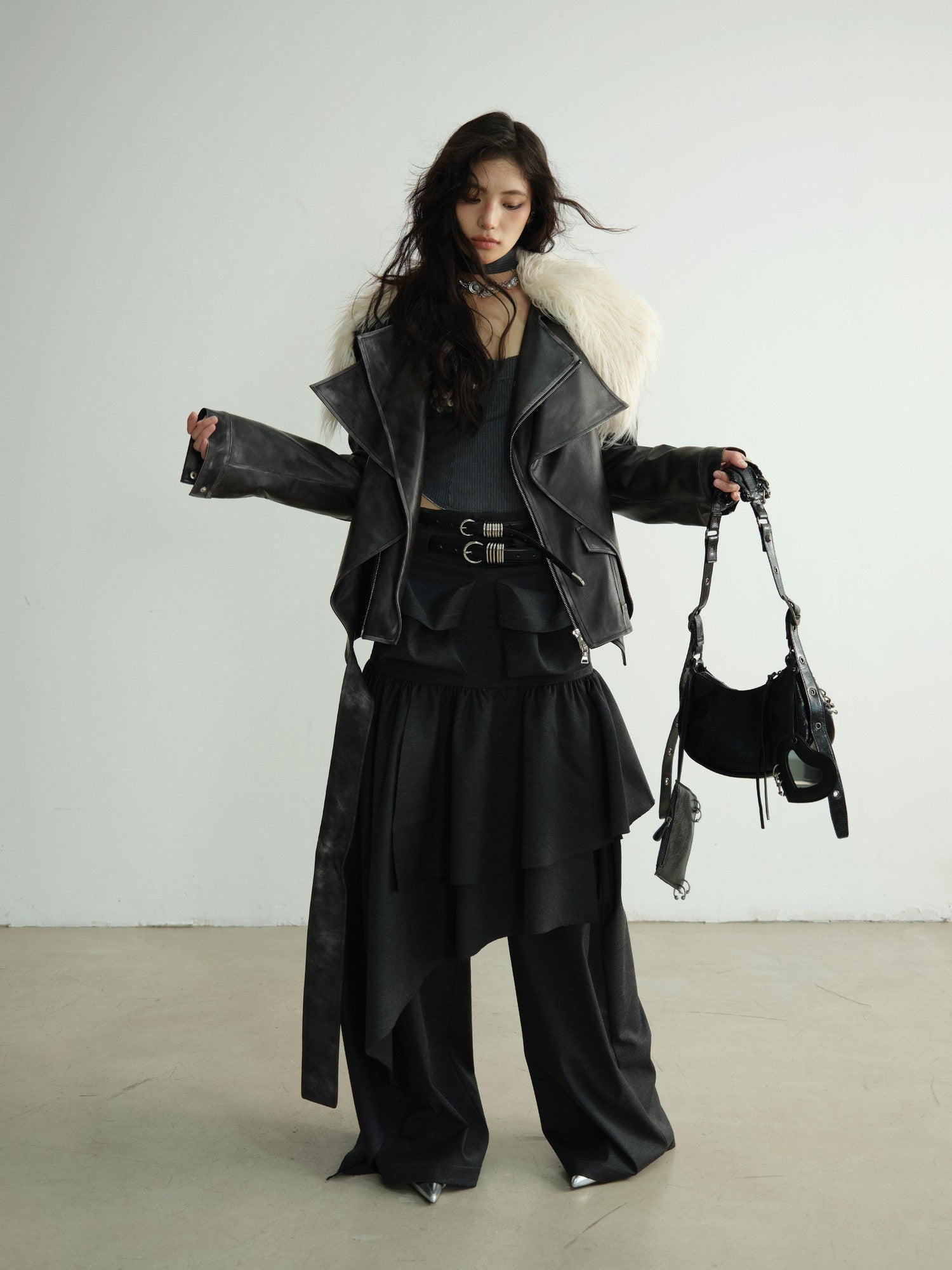 Jnylon studios Dark Retro Rock Distressed Faux Shearling Collar Women's Pu Leather Jackets