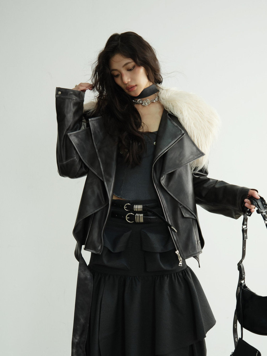 Jnylon studios Dark Retro Rock Distressed Faux Shearling Collar Women's Pu Leather Jackets