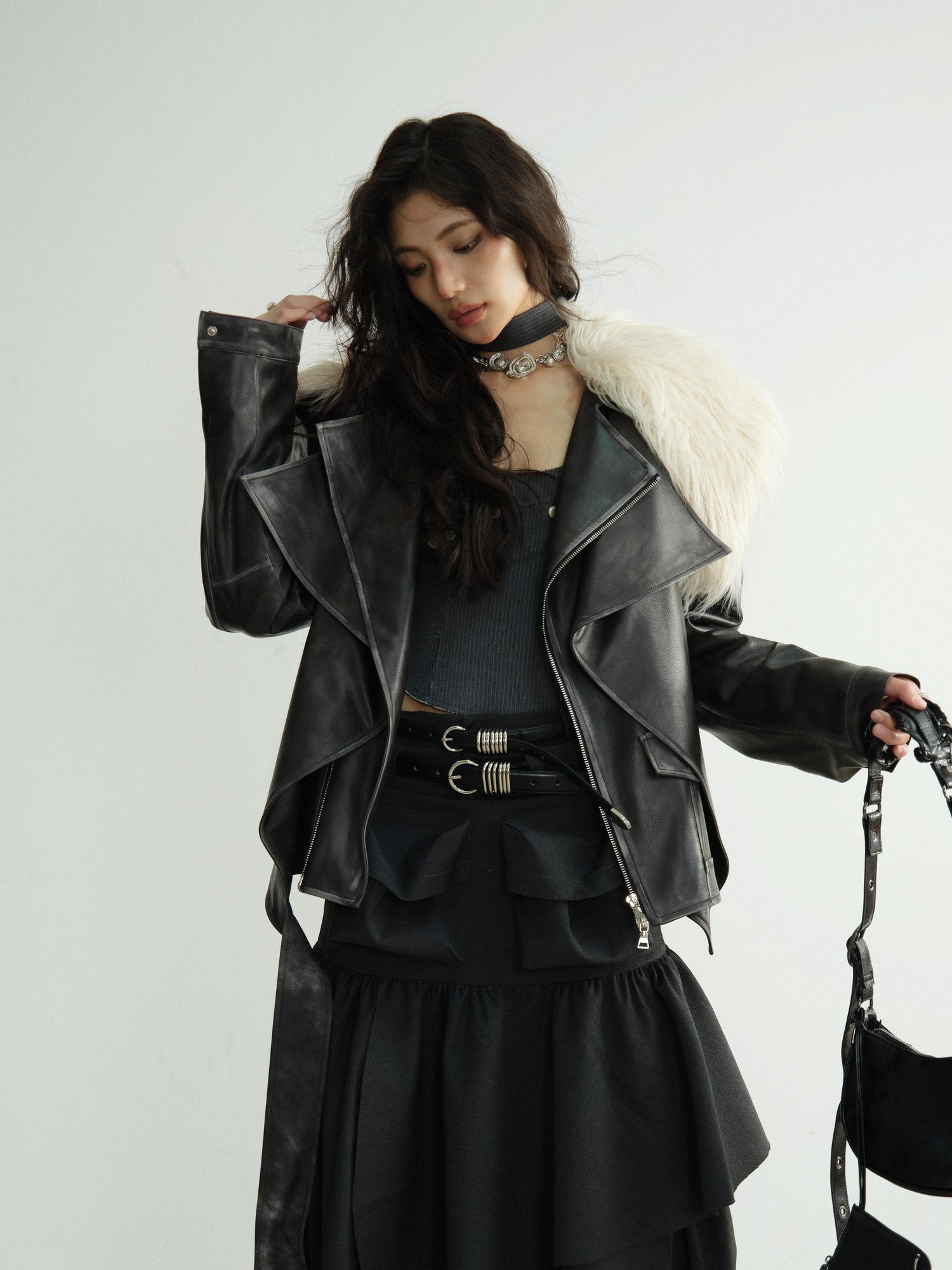 Jnylon studios Dark Retro Rock Distressed Faux Shearling Collar Women's Pu Leather Jackets