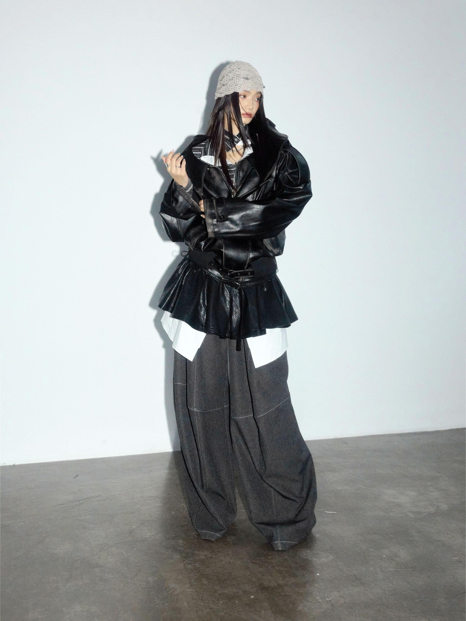 Jnylon studios Dark Rock Armor Distressed Open Collar Boxy Padded Women's Pu Leather Jackets