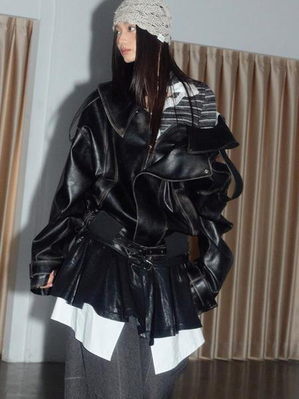 Jnylon studios Dark Rock Armor Distressed Open Collar Boxy Padded Women's Pu Leather Jackets