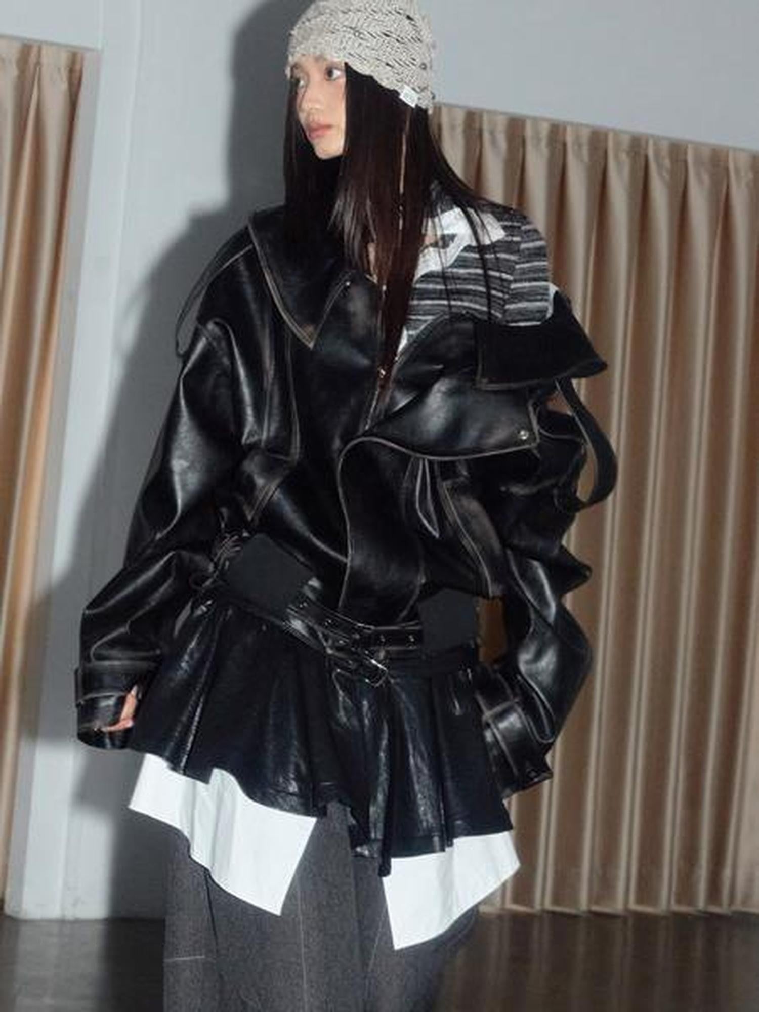 Jnylon studios Dark Rock Armor Distressed Open Collar Boxy Padded Women's Pu Leather Jackets