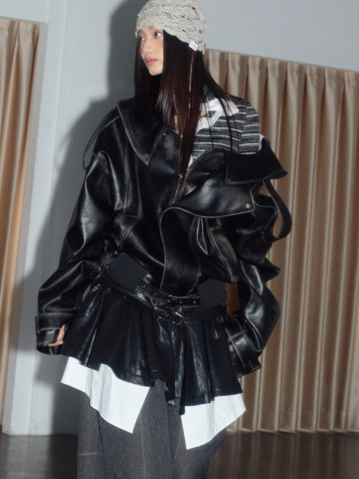 Jnylon studios Dark Rock Armor Distressed Open Collar Boxy Padded Women's Pu Leather Jackets