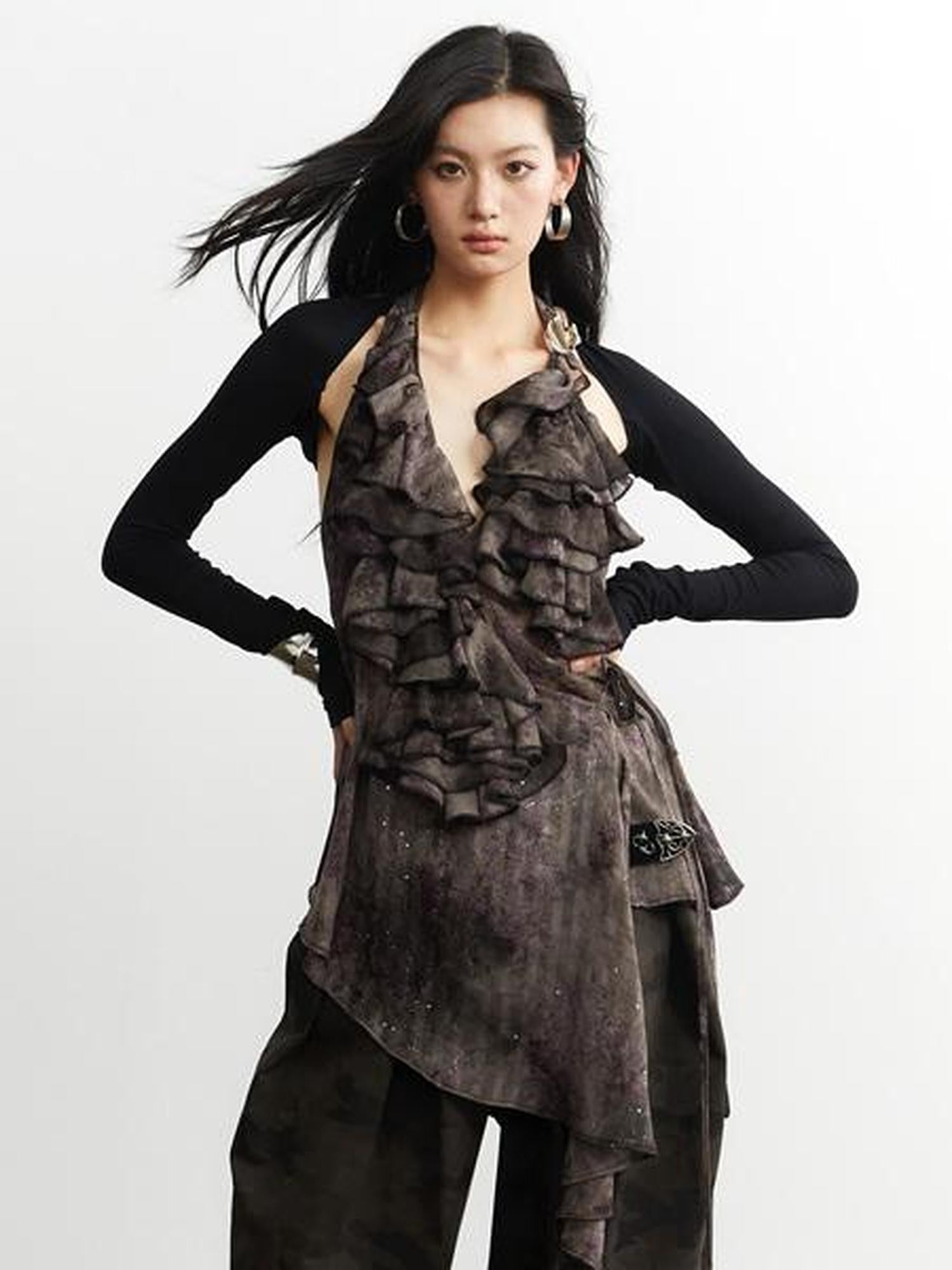 Jnylon studios Dark Witch Calla Lily Metal Buckle Asymmetrical Women's Polyester Halter Tops