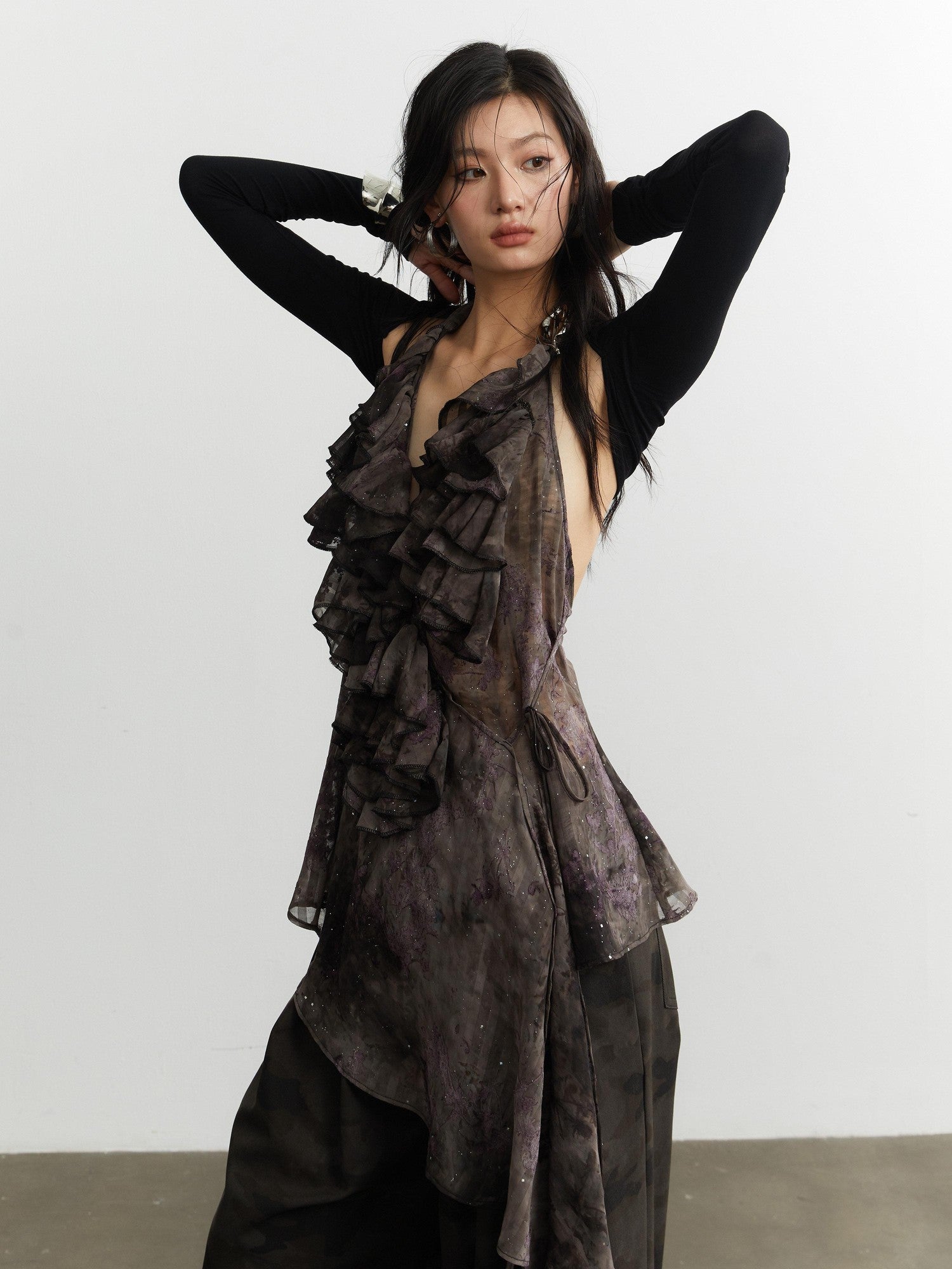 Jnylon studios Dark Witch Calla Lily Metal Buckle Asymmetrical Women's Polyester Halter Tops