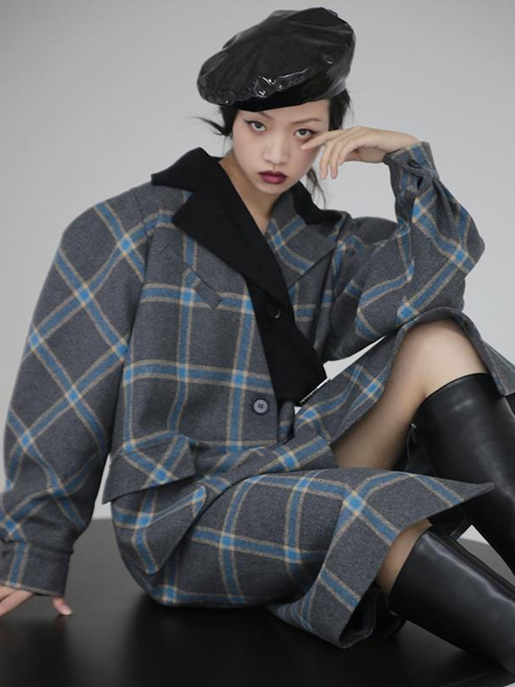Jnylon studios Deconstructed Plaid Asymmetric Color Block Women's Wool Long Straight Coat With Pockets Buttons Wool Coats