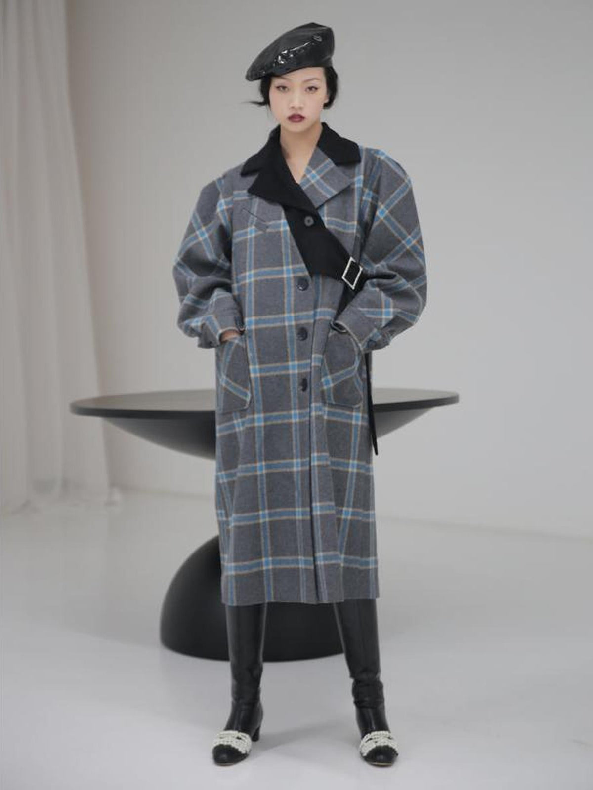 Jnylon studios Deconstructed Plaid Asymmetric Color Block Women's Wool Long Straight Coat With Pockets Buttons Wool Coats