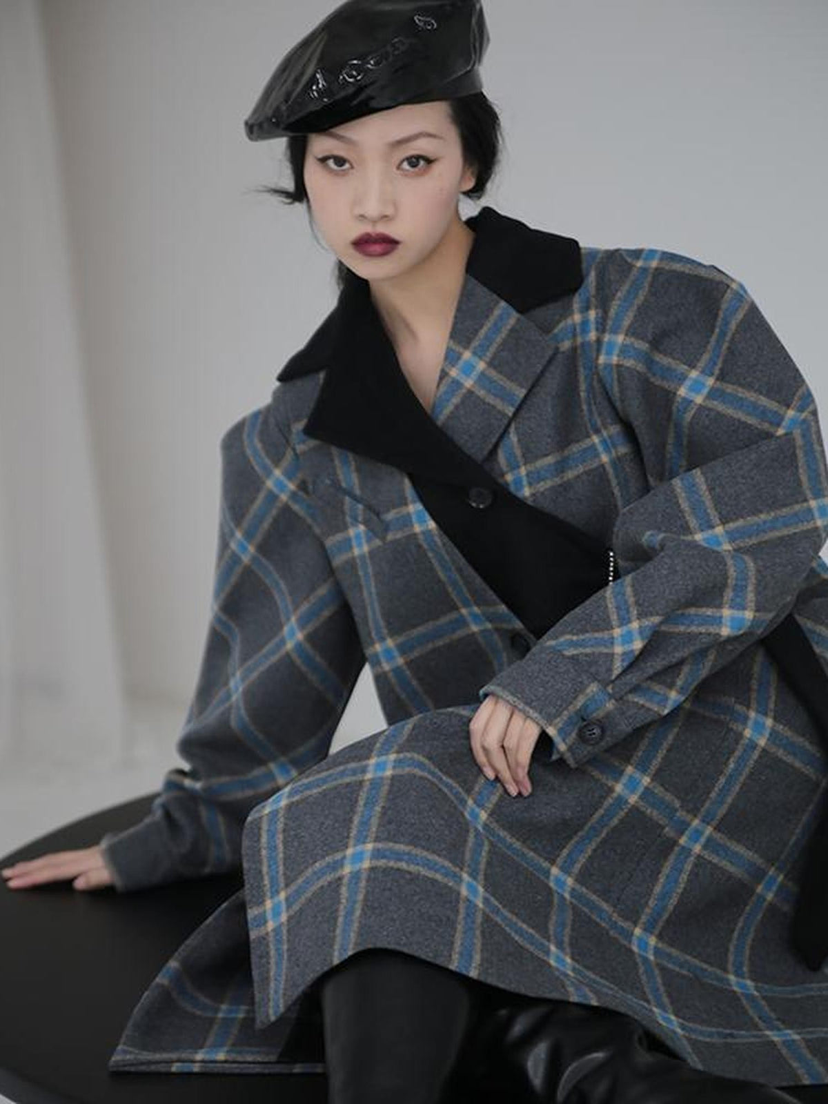 Jnylon studios Deconstructed Plaid Asymmetric Color Block Women's Wool Long Straight Coat With Pockets Buttons Wool Coats