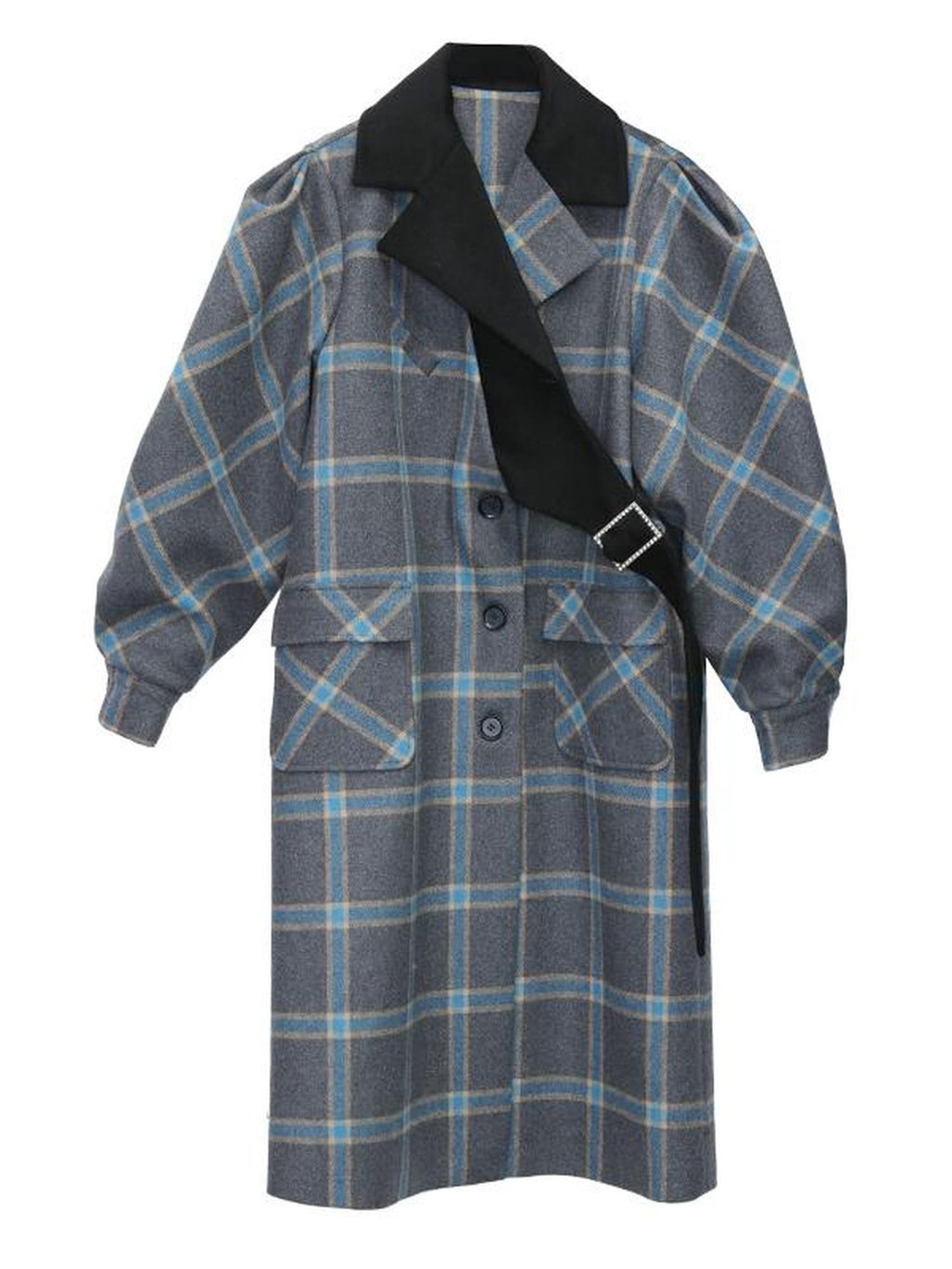 Jnylon studios Deconstructed Plaid Asymmetric Color Block Women's Wool Long Straight Coat With Pockets Buttons Wool Coats