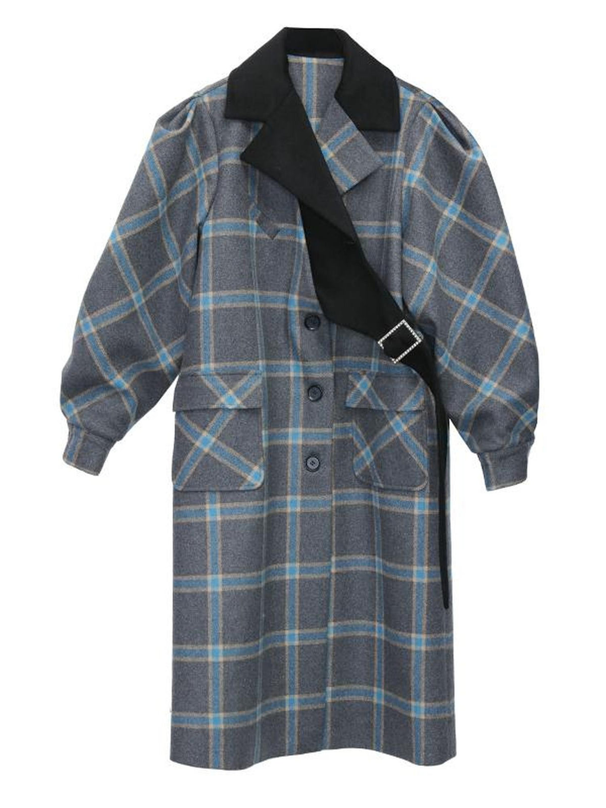 Jnylon studios Deconstructed Plaid Asymmetric Color Block Women's Wool Long Straight Coat With Pockets Buttons Wool Coats