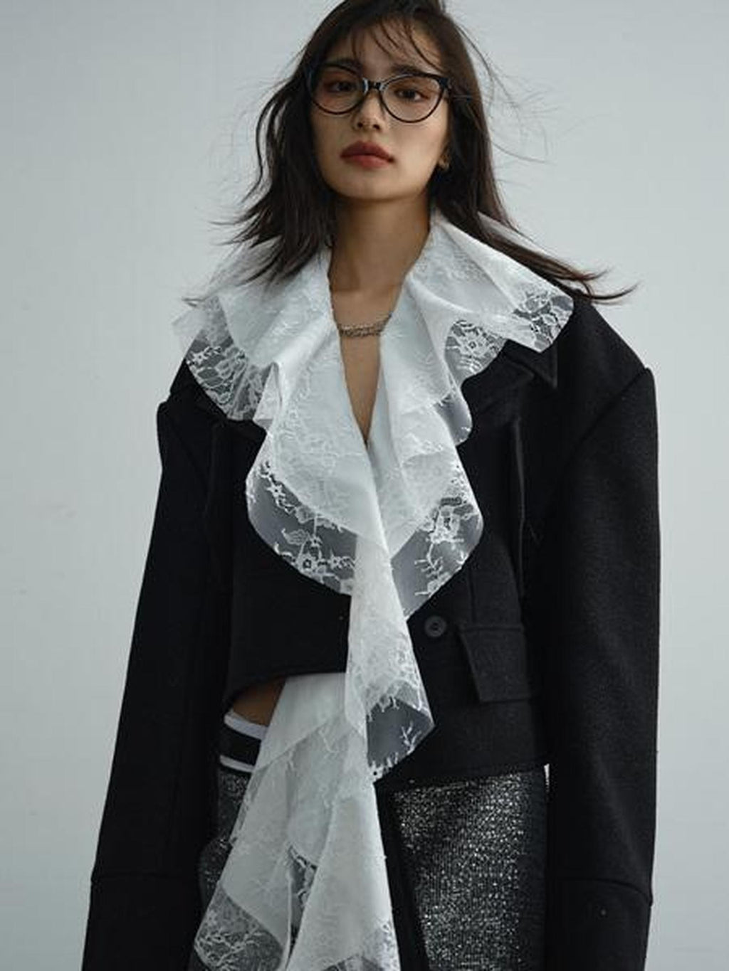 Jnylon studios Detachable Lace Ruffle Asymmetrical Women's Wool Structured Cropped Jackets