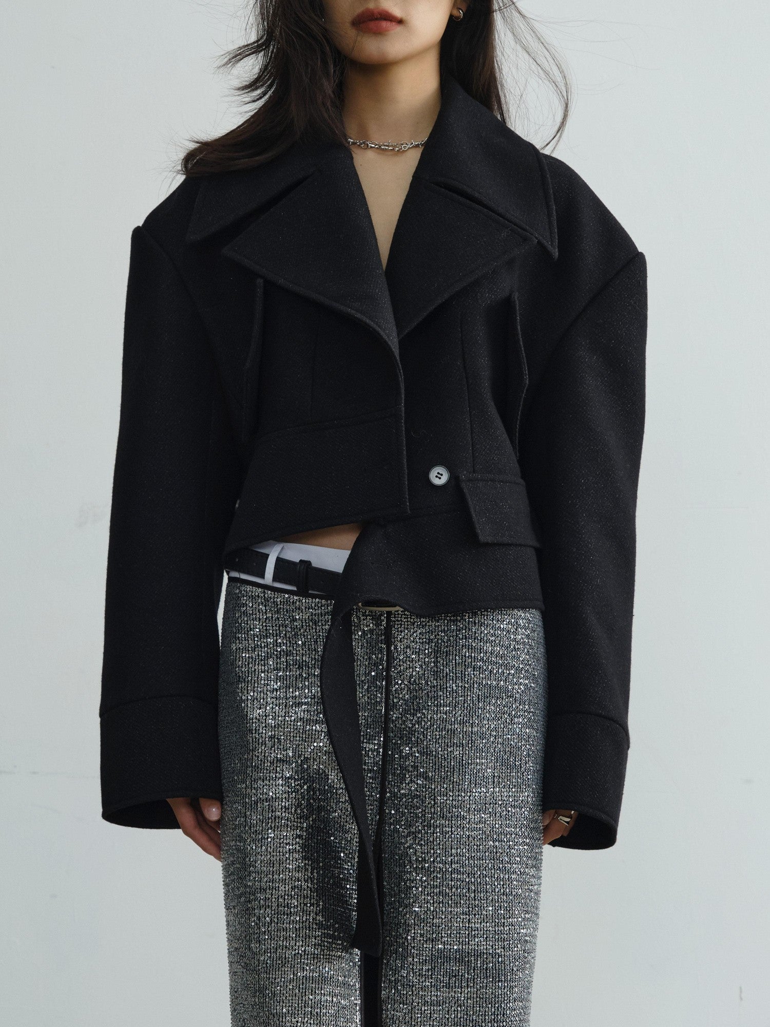 Jnylon studios Detachable Lace Ruffle Asymmetrical Women's Wool Structured Cropped Jackets