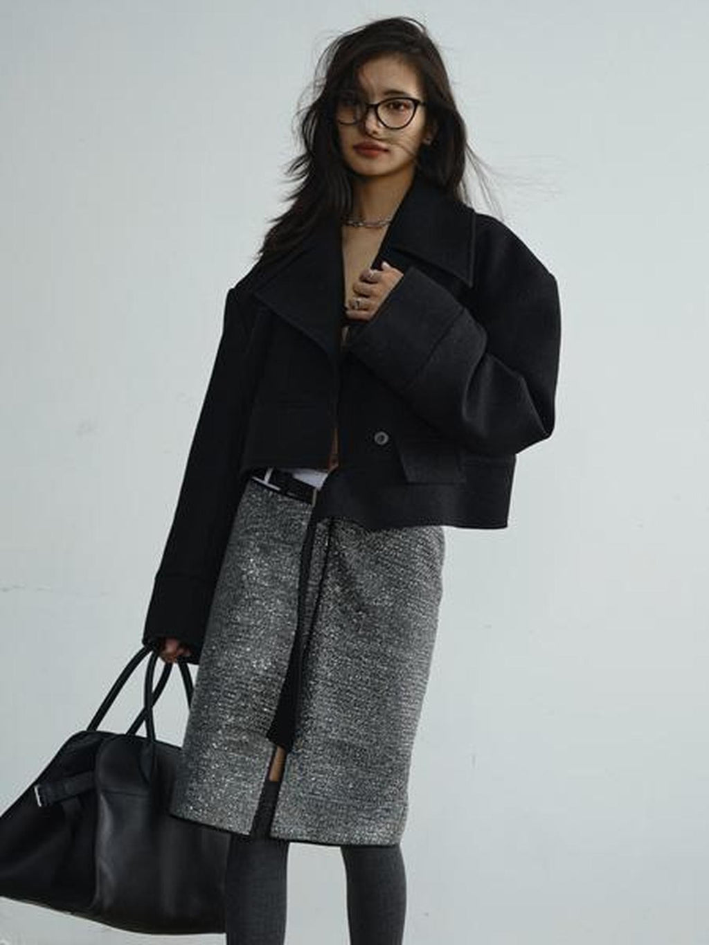 Jnylon studios Detachable Lace Ruffle Asymmetrical Women's Wool Structured Cropped Jackets