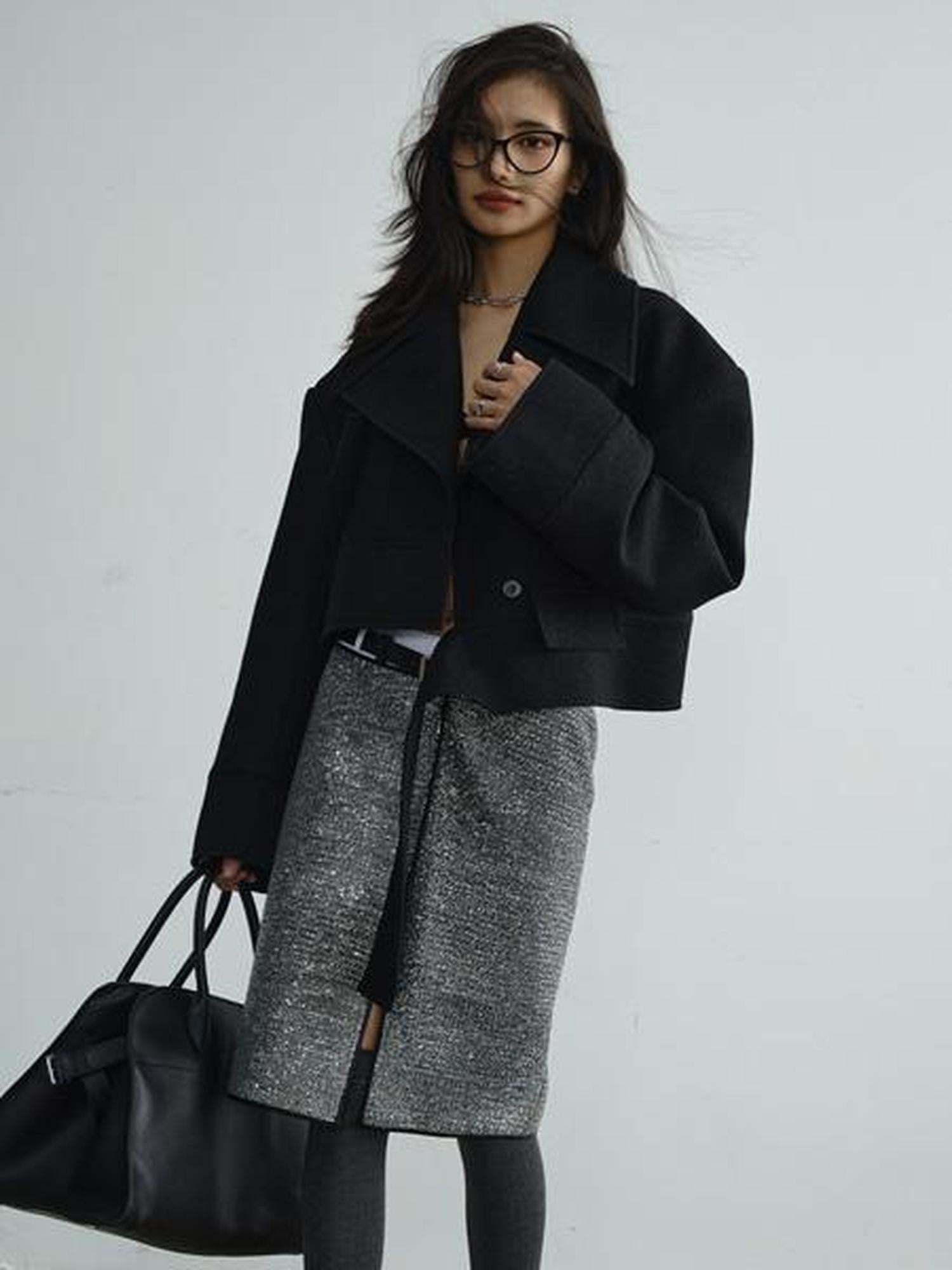 Jnylon studios Detachable Lace Ruffle Asymmetrical Women's Wool Structured Cropped Jackets