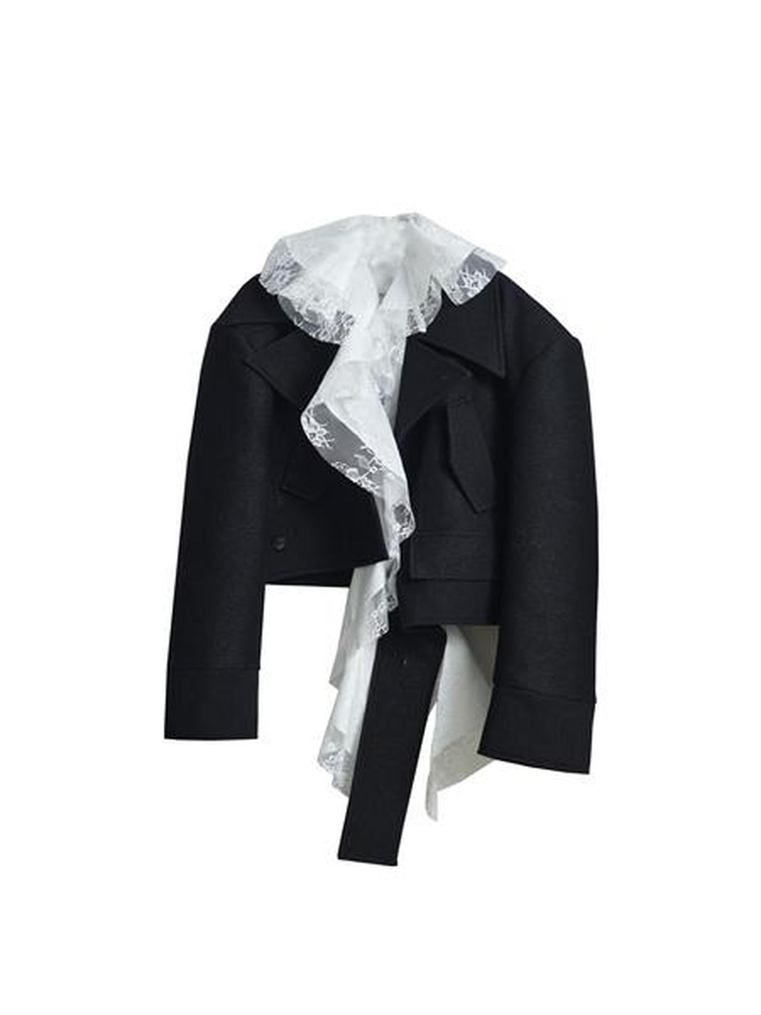 Jnylon studios Detachable Lace Ruffle Asymmetrical Women's Wool Structured Cropped Jackets