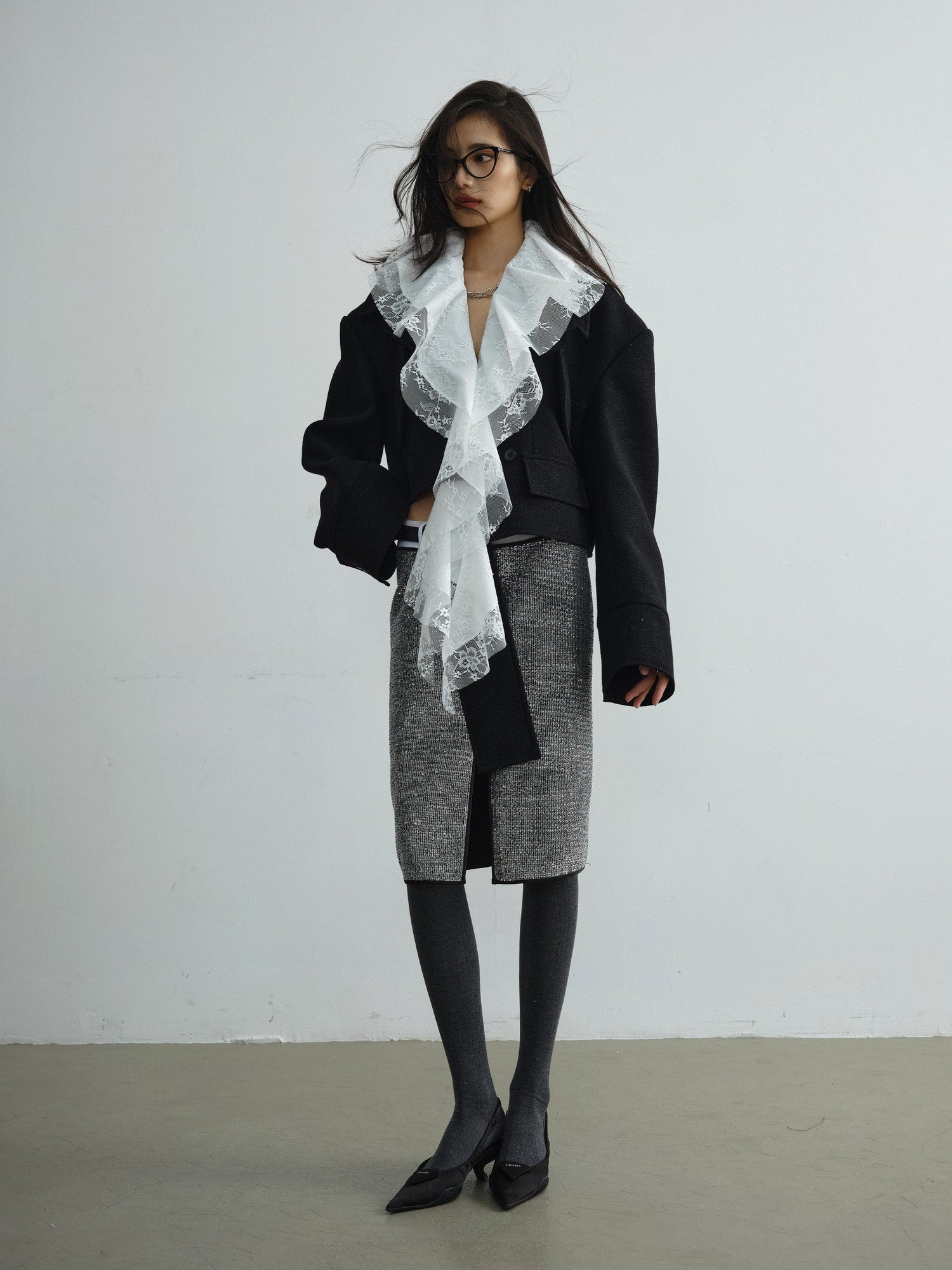 Jnylon studios Detachable Lace Ruffle Asymmetrical Women's Wool Structured Cropped Jackets