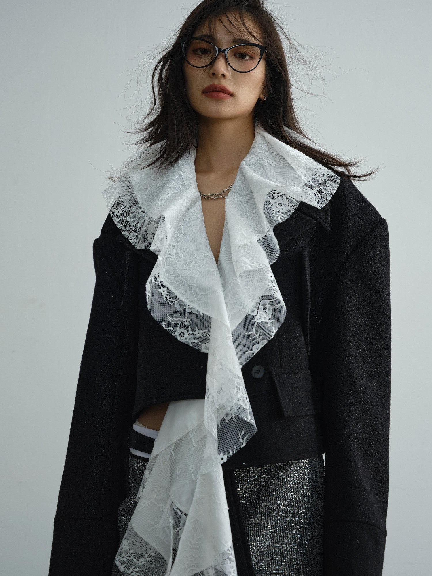 Jnylon studios Detachable Lace Ruffle Asymmetrical Women's Wool Structured Cropped Jackets