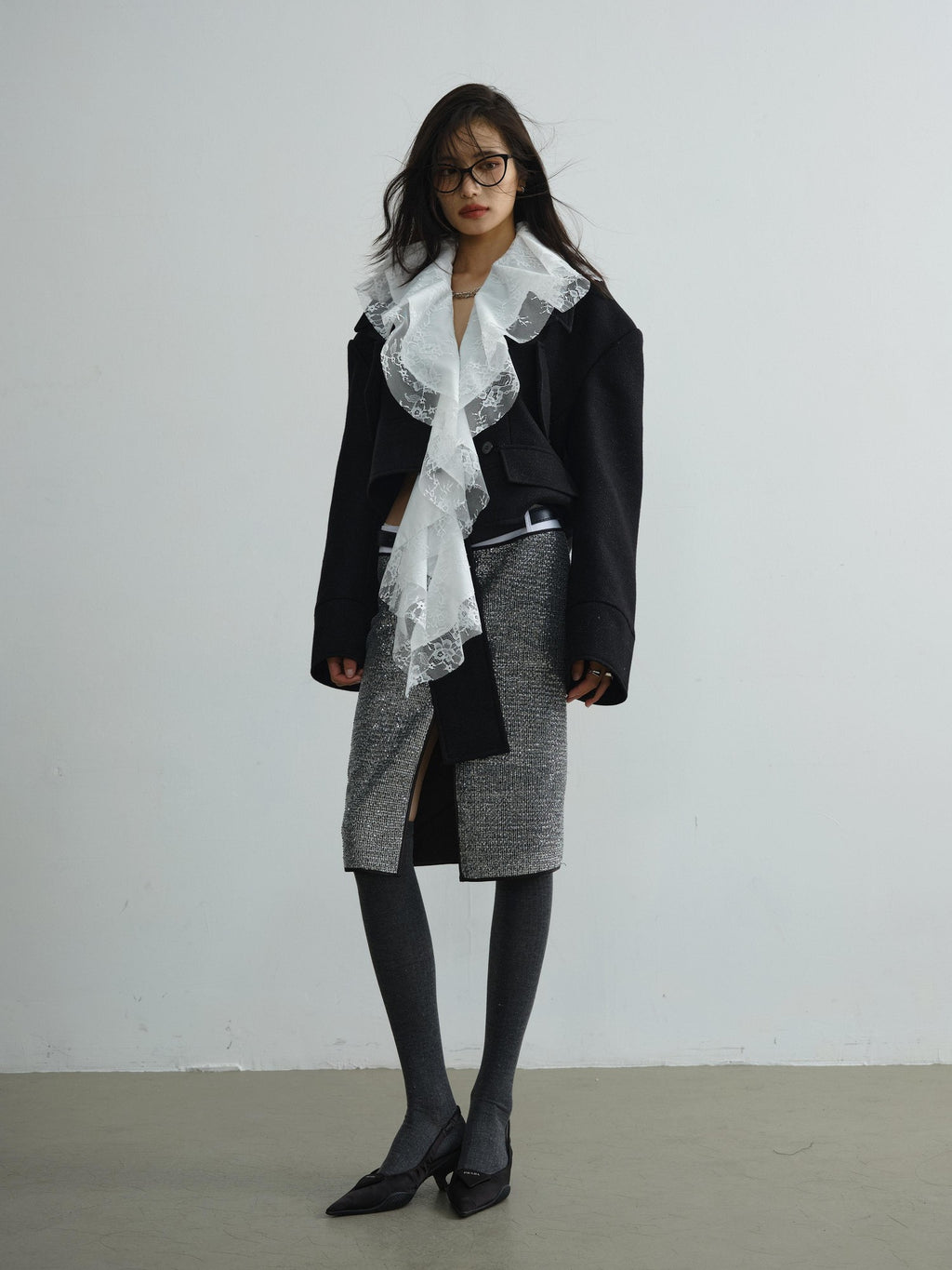Jnylon studios Detachable Lace Ruffle Asymmetrical Women's Wool Structured Cropped Jackets