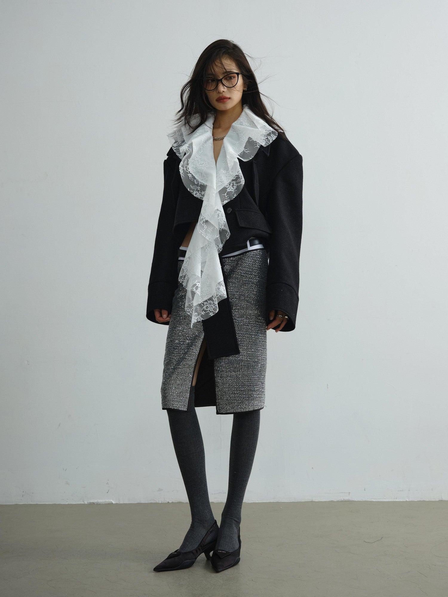 Jnylon studios Detachable Lace Ruffle Asymmetrical Women's Wool Structured Cropped Jackets