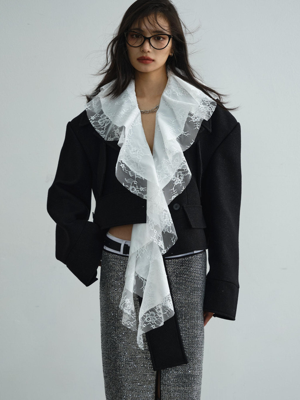 Jnylon studios Detachable Lace Ruffle Asymmetrical Women's Wool Structured Cropped Jackets
