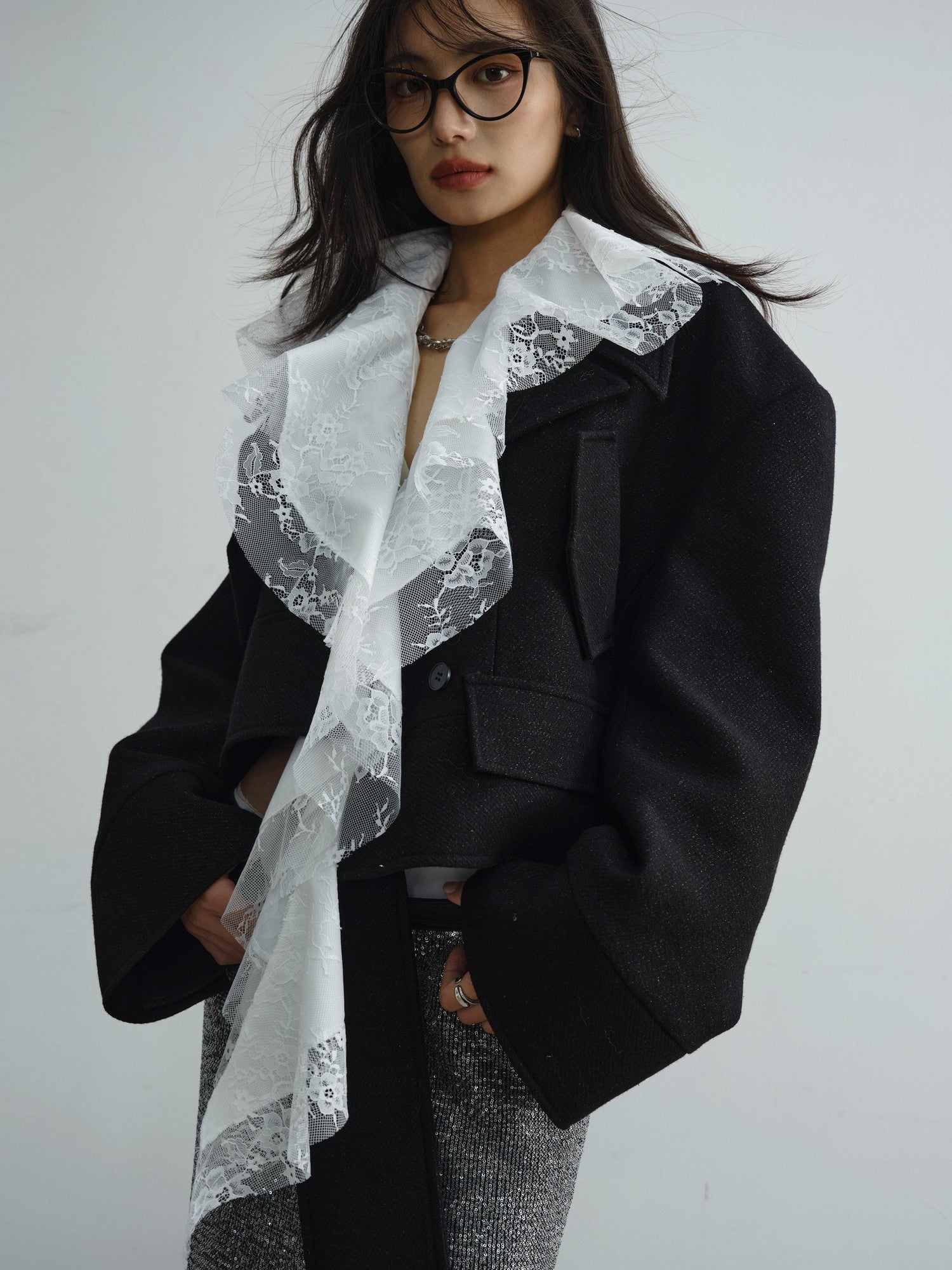 Jnylon studios Detachable Lace Ruffle Asymmetrical Women's Wool Structured Cropped Jackets